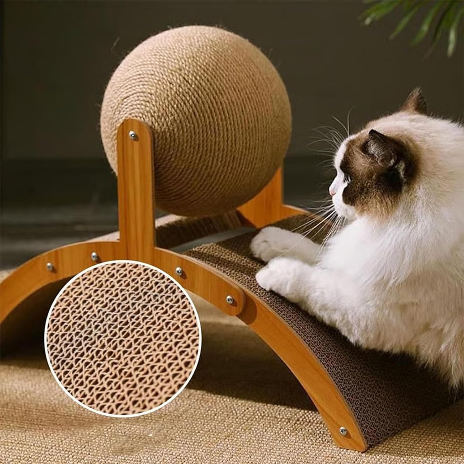 Cat Scratching Ball on Stand - Durable Sisal Ball with Wooden Base for Cats, Cat Scratcher Toy for Healthy Claws & Playtime - Ideal for Indoor Use (21.6 * 8.8 * 15.7in)