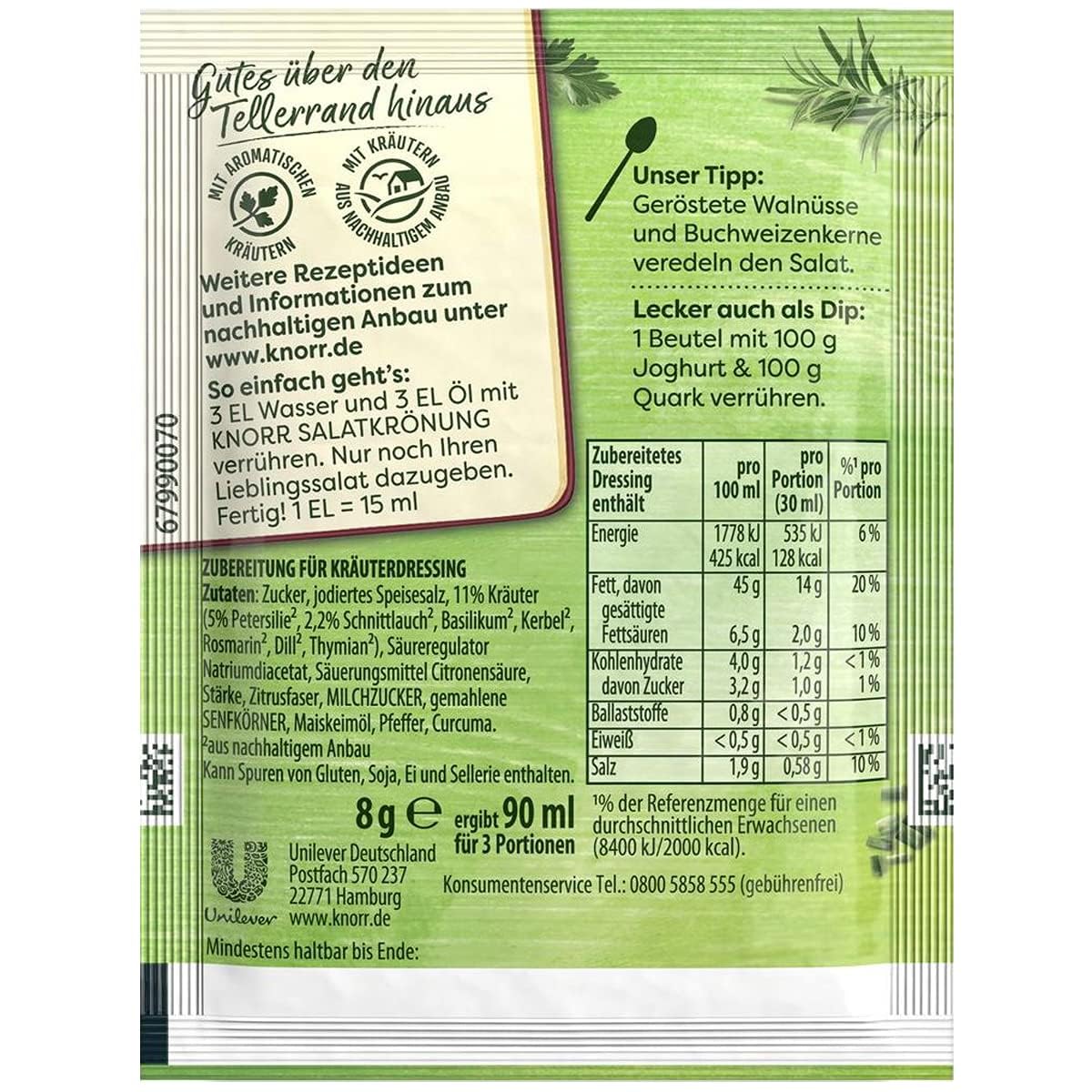 Honig-Senf Salat-Krönung - Dressing Mix Alemania sabor mostaza y miel - Ensalada lista en un instante - 5 sobres - Compatible con Knorr - 45g
