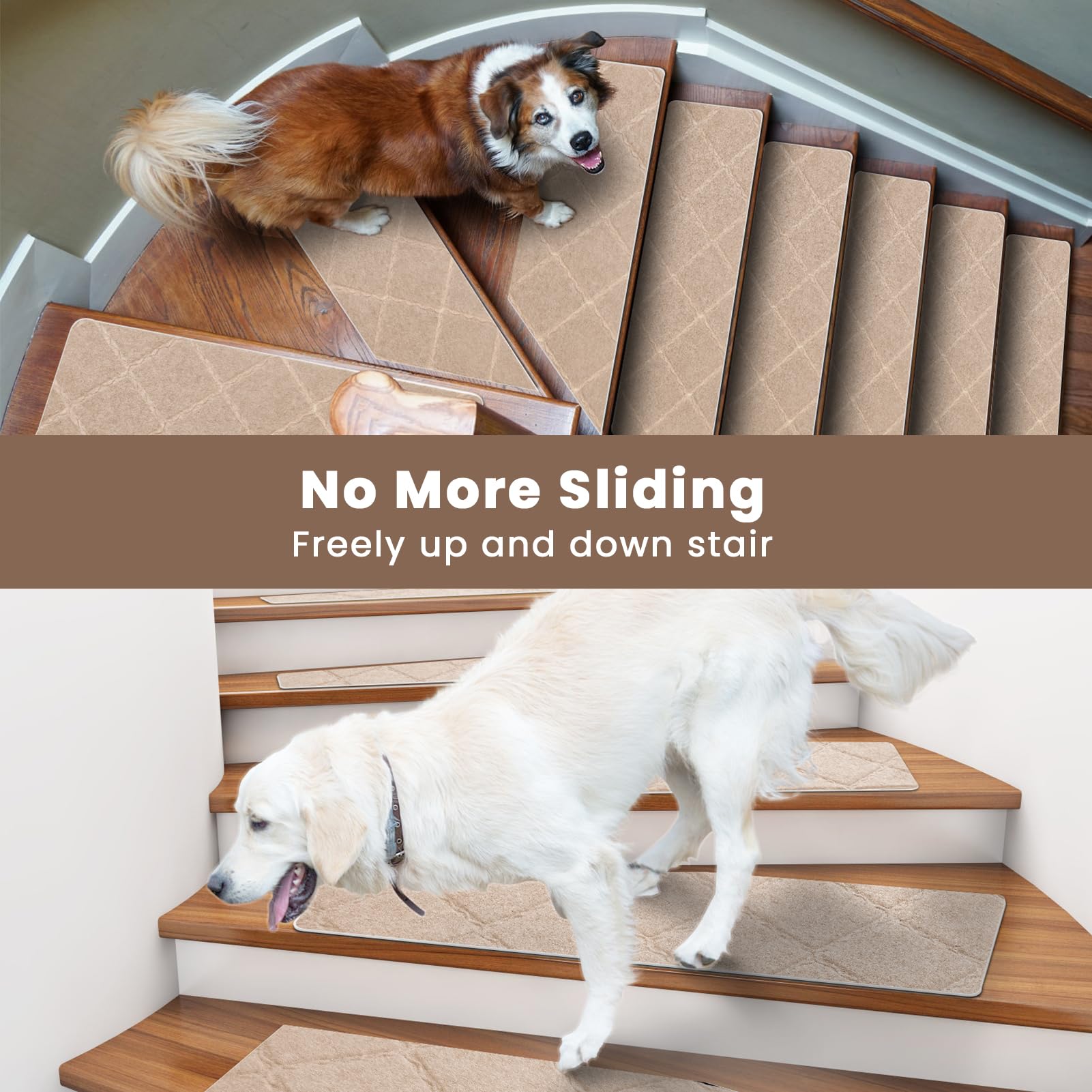 Alfombrillas para Escaleras Antideslizantes, 15 Alfombrillas Autoadhesivas Escalones Interiores, Recortables y Reutilizables - Protección para Mascotas, Mayores, Niños (Beige, 76x20 cm)