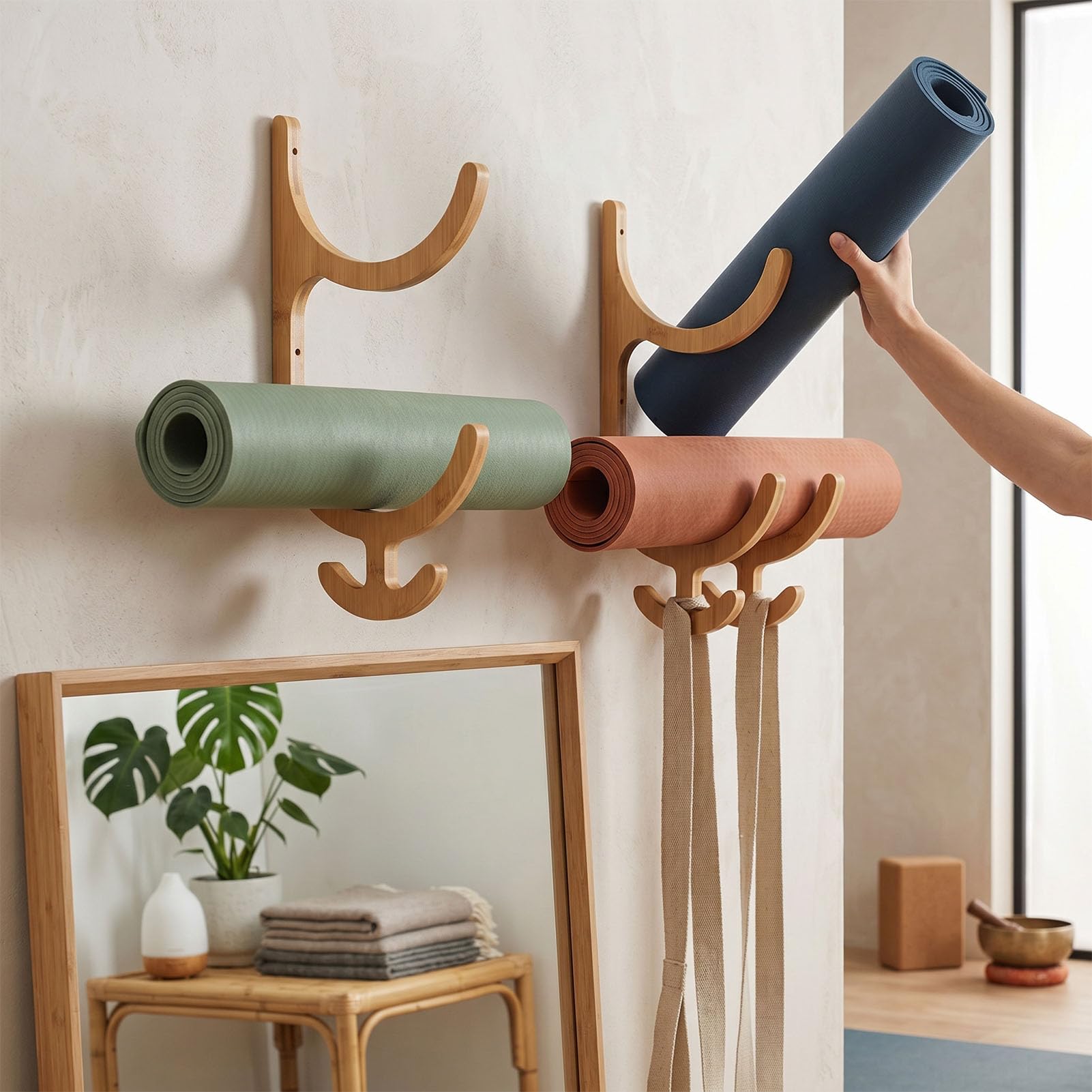 Porta Tappetino, 2 Set 4 Ganci Portaoggetti per Tappetino Montato a Parete Accessori per il Fitness Domestico
