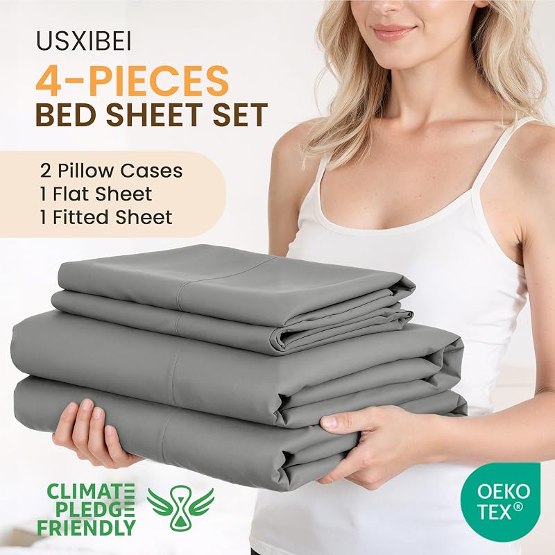 USXIBEI Queen Size 4 Piece Sheet Set - Comfy Breathable & Cooling Bed Sheets Set, Soft and Wrinkle Free, Deep Pockets, Easy & Secure Fit, Hotel Luxury Bedding for Women, Men - Oeko-Tex - Dark Grey image 2
