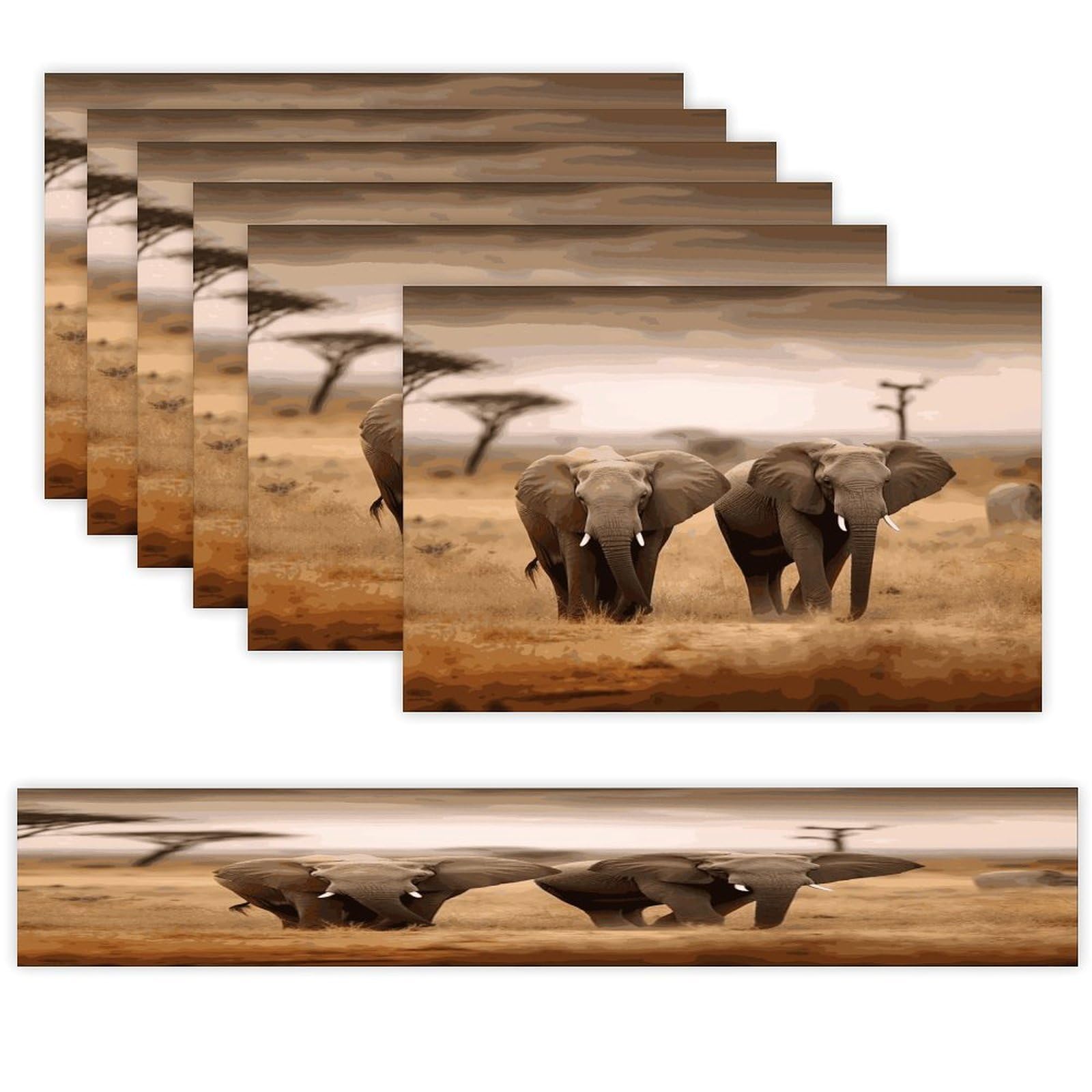 Wild Animals Elephants Table Runner and Placemats Set of 6 Wipe Clean Heat Resistant Table Mat with Table Runner Decorations Flax Linen Place Mat Set for Home Kitchen Party Supplies