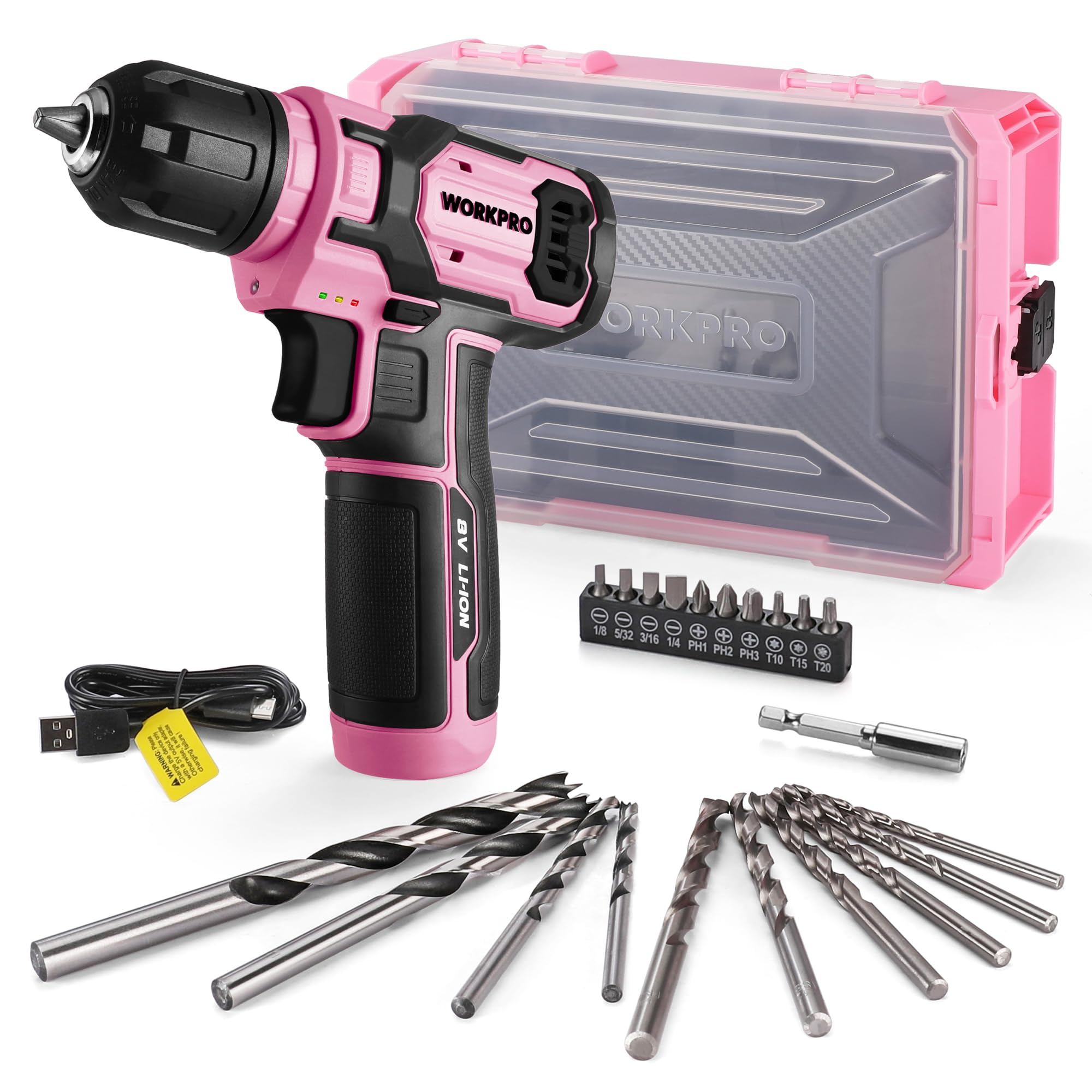 WORKPRO Pink Power Drill Set and Stackable Tool Box, 8V Cordless Drill Driver with Bit Set, 2.0Ah Electric Cordless Screwdriver Kit with 3/8" Keyless
