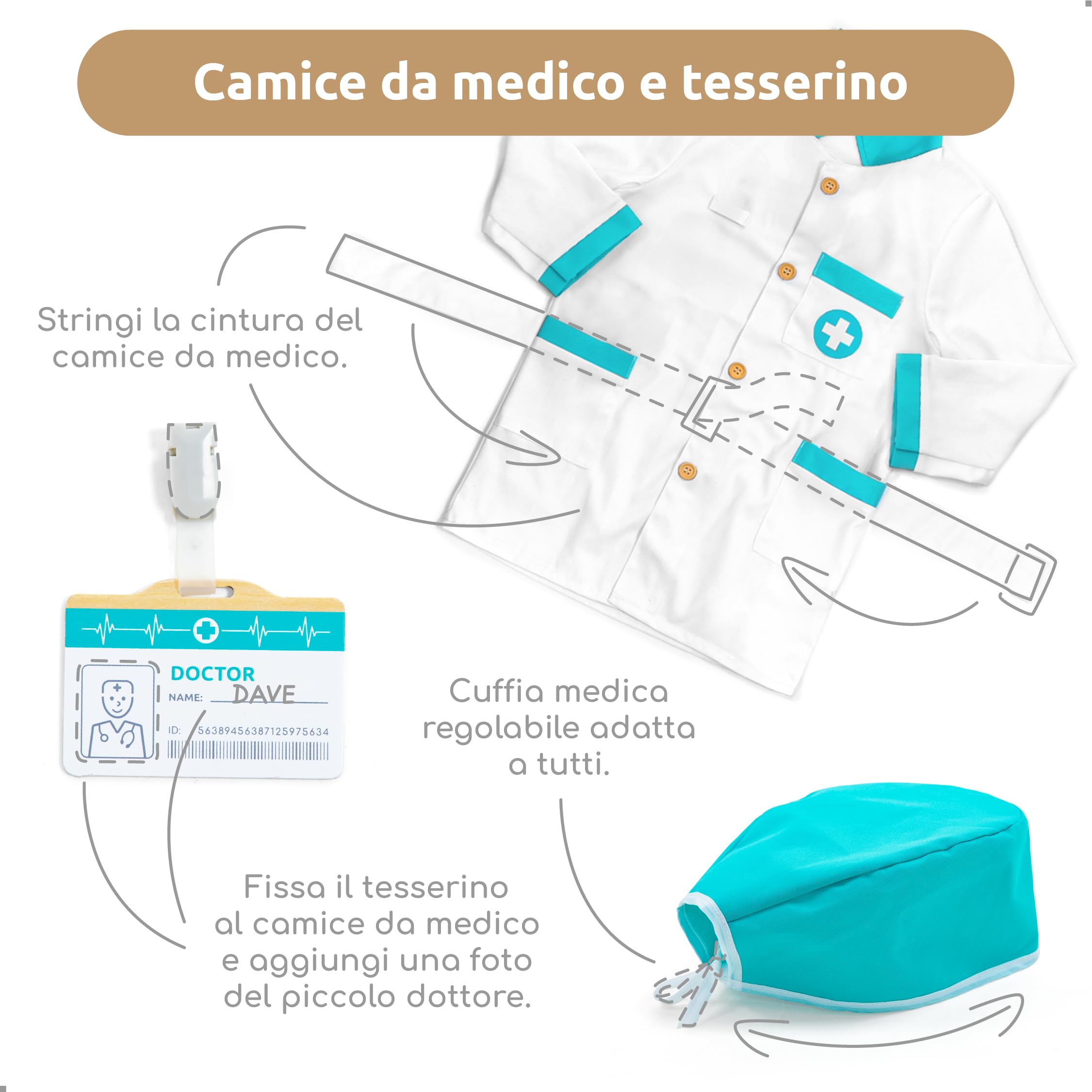 umu Kit medico in legno per bambini – Set di gioco di finta con stetoscopio, cappotto dottore, strumenti dentisti e altro – Gioco di ruolo giocattolo medico per ragazzi e ragazze di età compresa tra 3