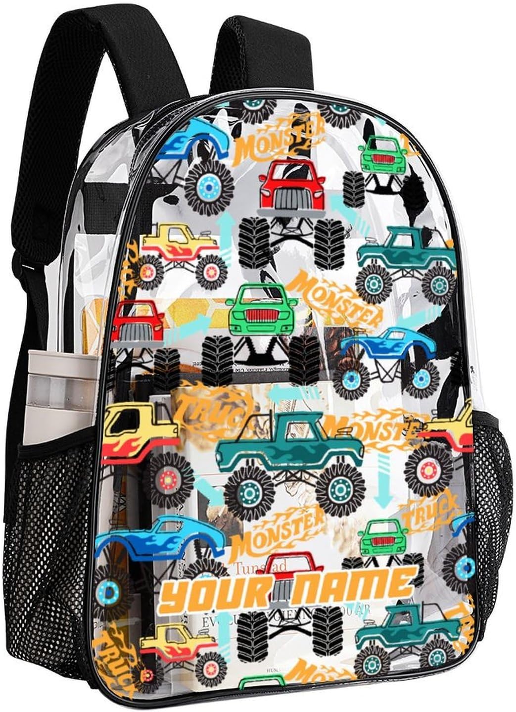 Custom Truck Clear Backpack Heavy Duty for Girls Kids Boys Women Men - Large Cute PVC Trucks Theme Printing Transparent Backpacks for Schools Stadium Concerts Work - Clear/Black