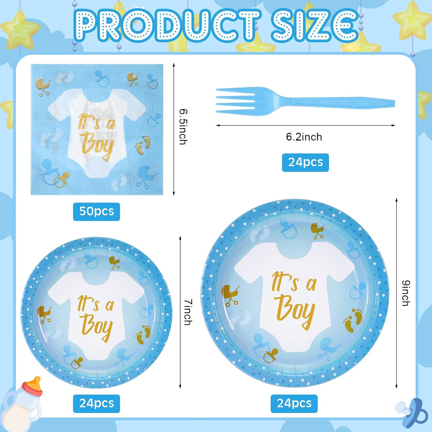 Tanlade 122 Pcs Boy Baby Shower Plates and Napkins It's a Boy Disposable Tableware Set Blue Paper Plates Napkins Forks Baby Shower Decorations Gender Reveal Party Supplies for 24 Guests