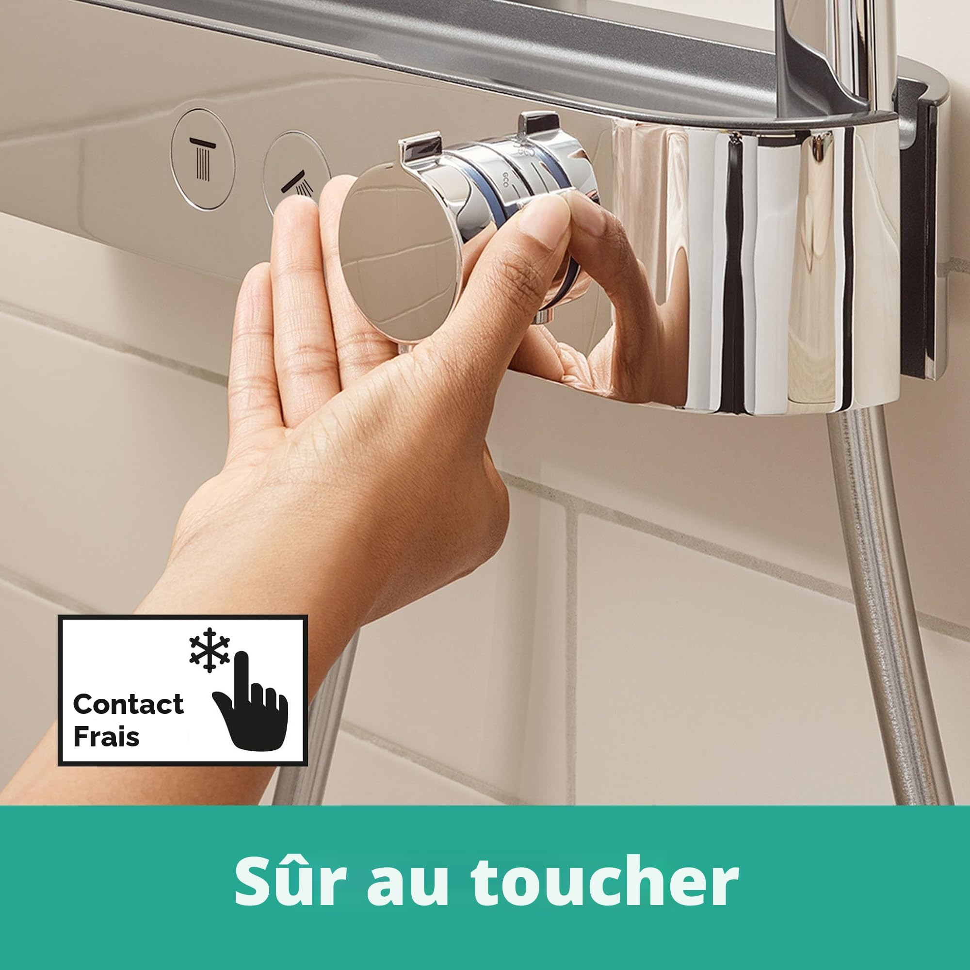 hansgrohe Pulsify S - Colonne de douche avec mitigeur thermostatique, douche pluie (⌀ 260mm) avec robinet, douchette (3 jets), support, flexible de douche, barre et douche de tête ronde, Chromé