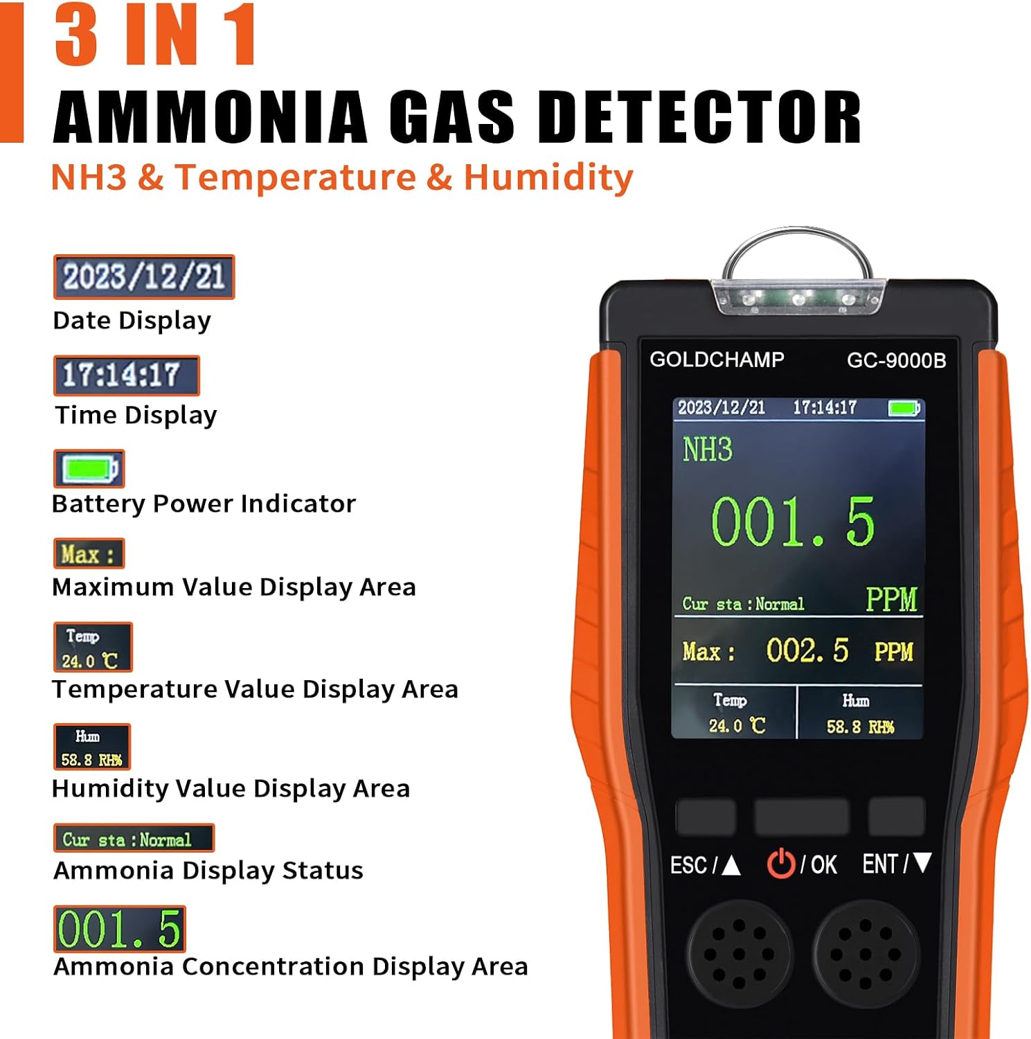 Ammonia Gas Detector, Air Quality Monitor Rechargeable NH3 Detector with Range 0-100ppm & 0.1ppm Resolution, Temp(℉/℃), Humidity, LCD Display, Alarm Mode for Industry, Home, Farm, Poultry