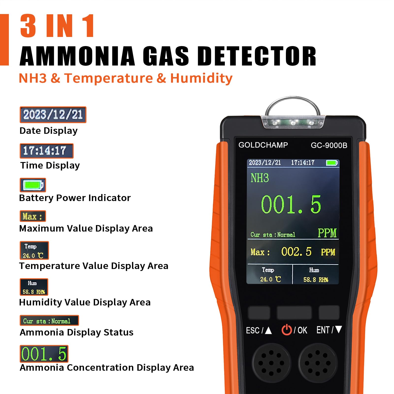 GC-9000B detector de gas amoníaco 3 en 1 con alarma, sensor de alta precisión, mide 0 ~ 100 ppm NH, temperatura/humedad, adecuado para hogares agrícolas, fábricas industriales