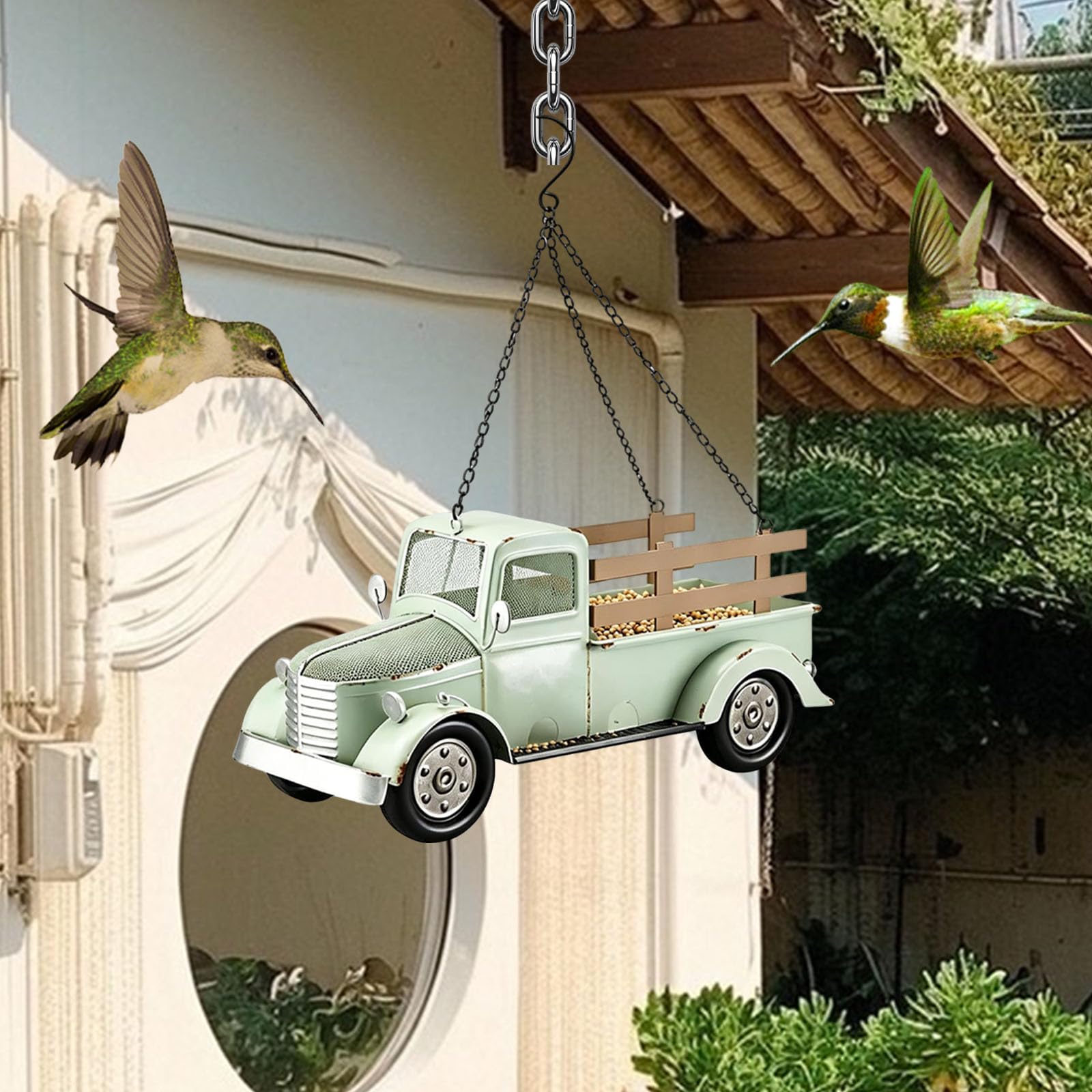 Mangiatoie per uccelli sospese con catena design retrò camion, per giardino e esterno