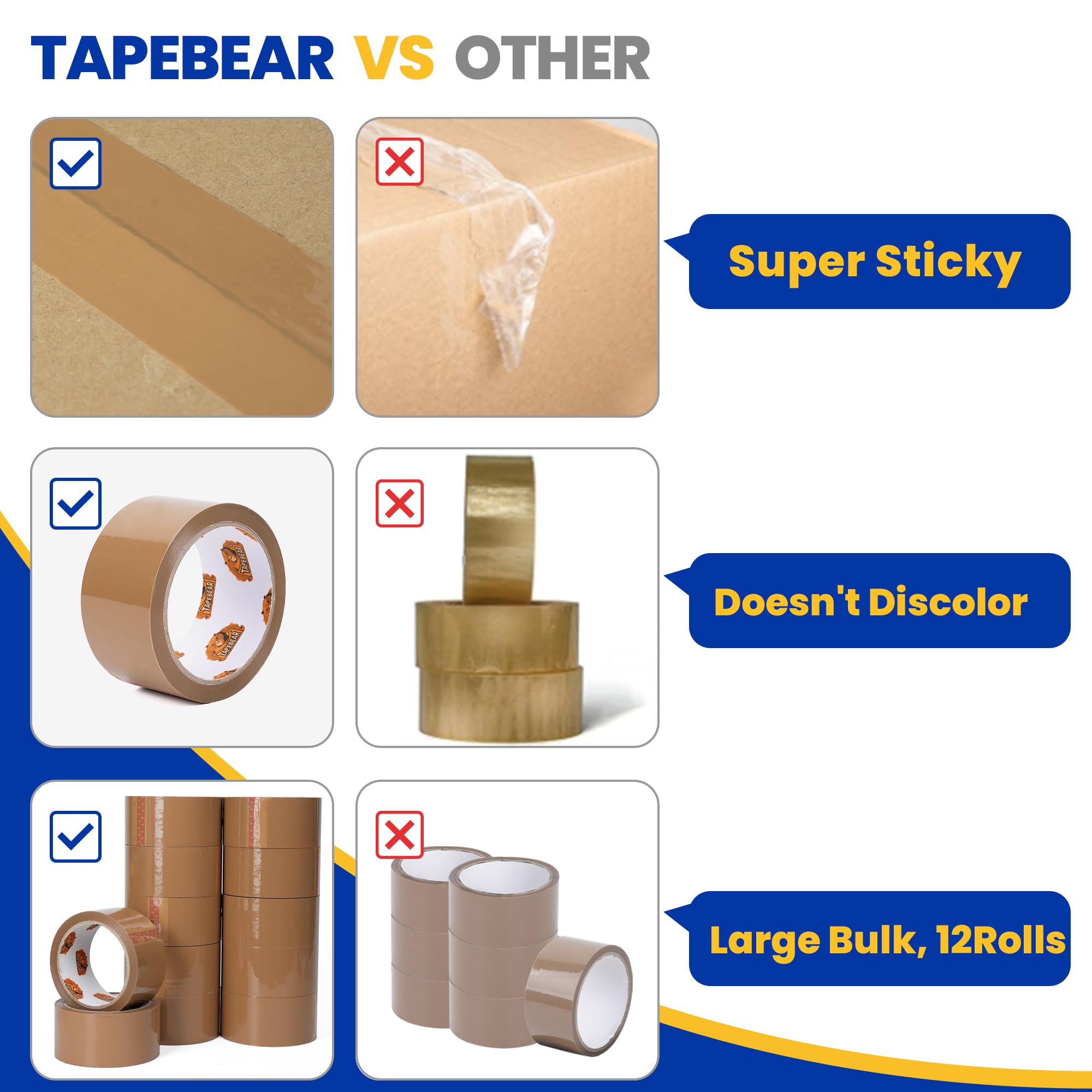 TAPEBEAR Ruban d'Emballage Marron 66 µm 48 mm x 50 m Lot de 12 Rouleaux