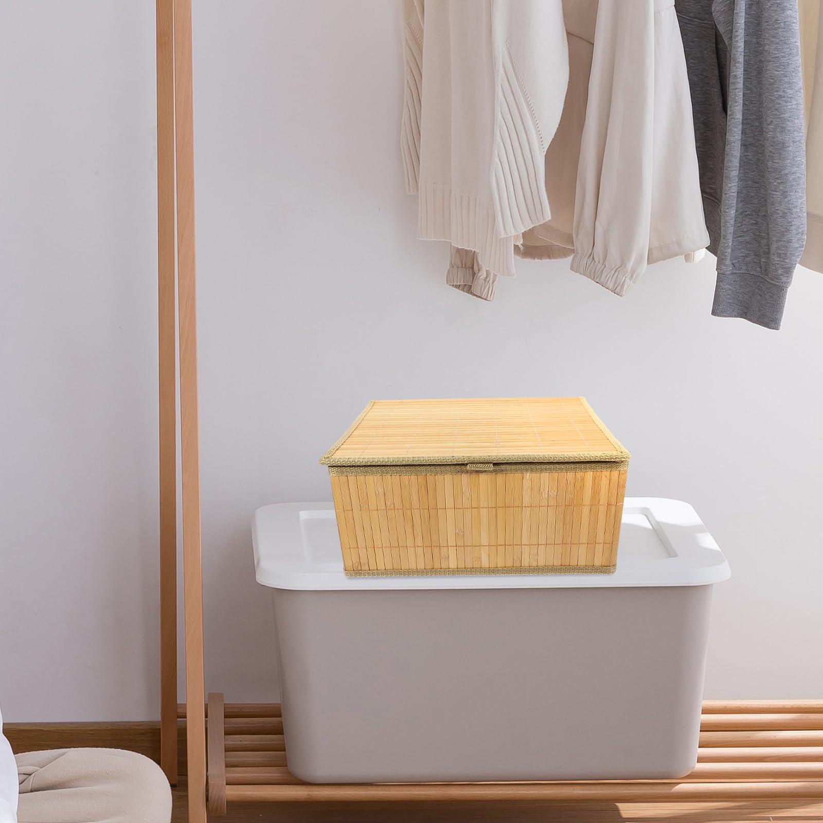 Cesta de Almacenamiento Rectangular de Bambú Gran Capacidad con Forro No Tejido , 3 Unidades Reutilizables para Ropa y Otros Objetos Hogar