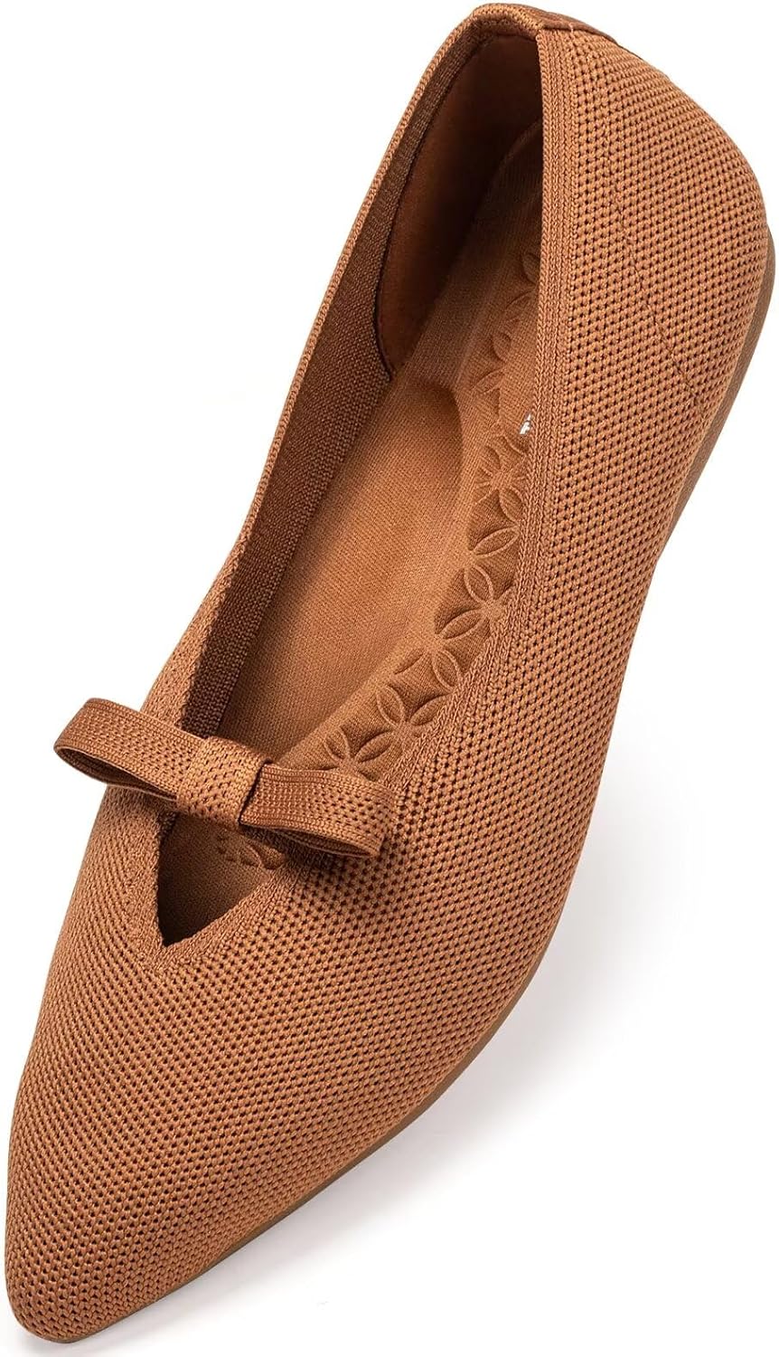 Frank Mully Women’s Knitted Flats with Bow Pointed Toe Ballet Shoes Soft Fabric Ballerina Dressy Flats for Women