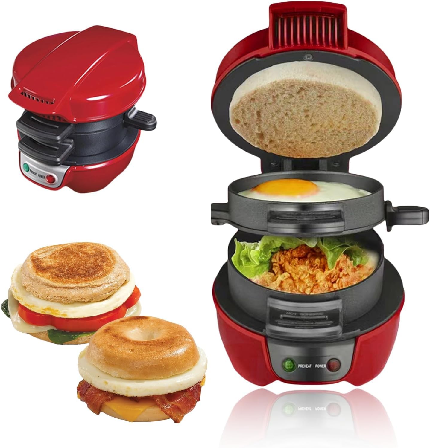Breakfast Sandwich Maker, Electric Burger Press with Egg Ring, 600W Non-Stick Plates, Red
