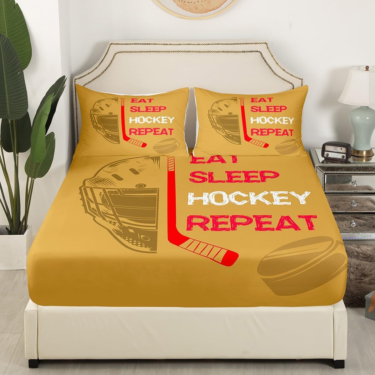 Erosebridal Ice Hockey Fitted Sheet for Hockey Fan,Eat Sleep Hockey Bed Sheets,Lime Green Hockey Bed Set,Hockey Player Bedding Set 3pcs Wrinkle Free,no Top Sheet,Full
