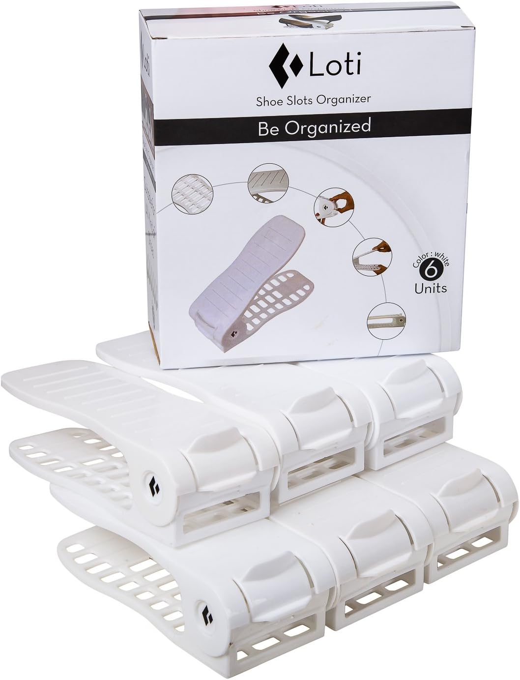 Shoe Organizer , Adjustable Shoe Slots , Space Saver Organizer , Double Shoe Rack Storage , Set Of 6 , White -By Loti