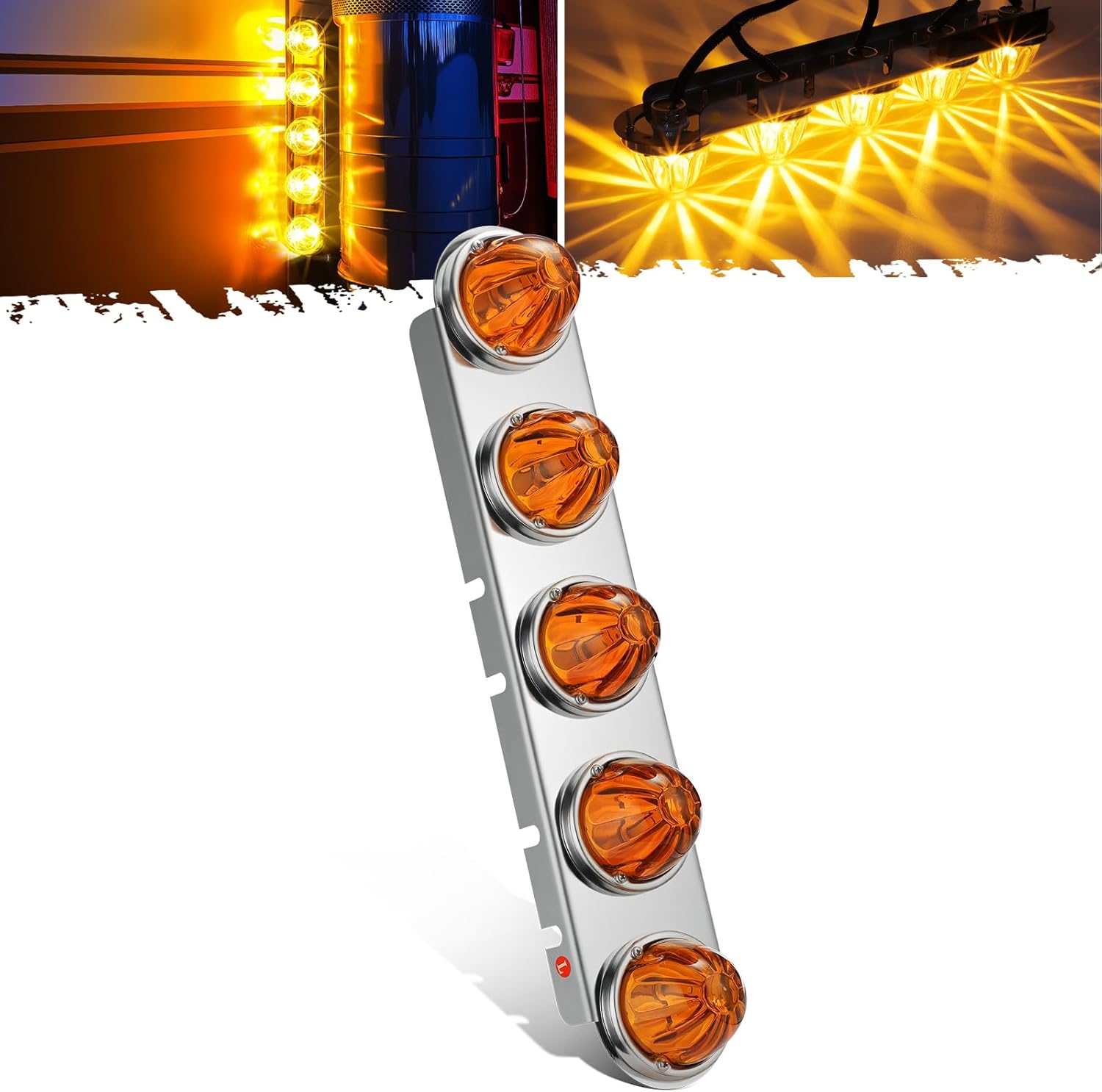 Partsam 1Pcs Driver Side (Left Side) Radius Style 21.5" Front Air Cleaner Light Bar with 5Pcs Glass Watermelon Lights, Stainless Steel Bracket, Compatible with Peterbilt Kenworth Freightliner