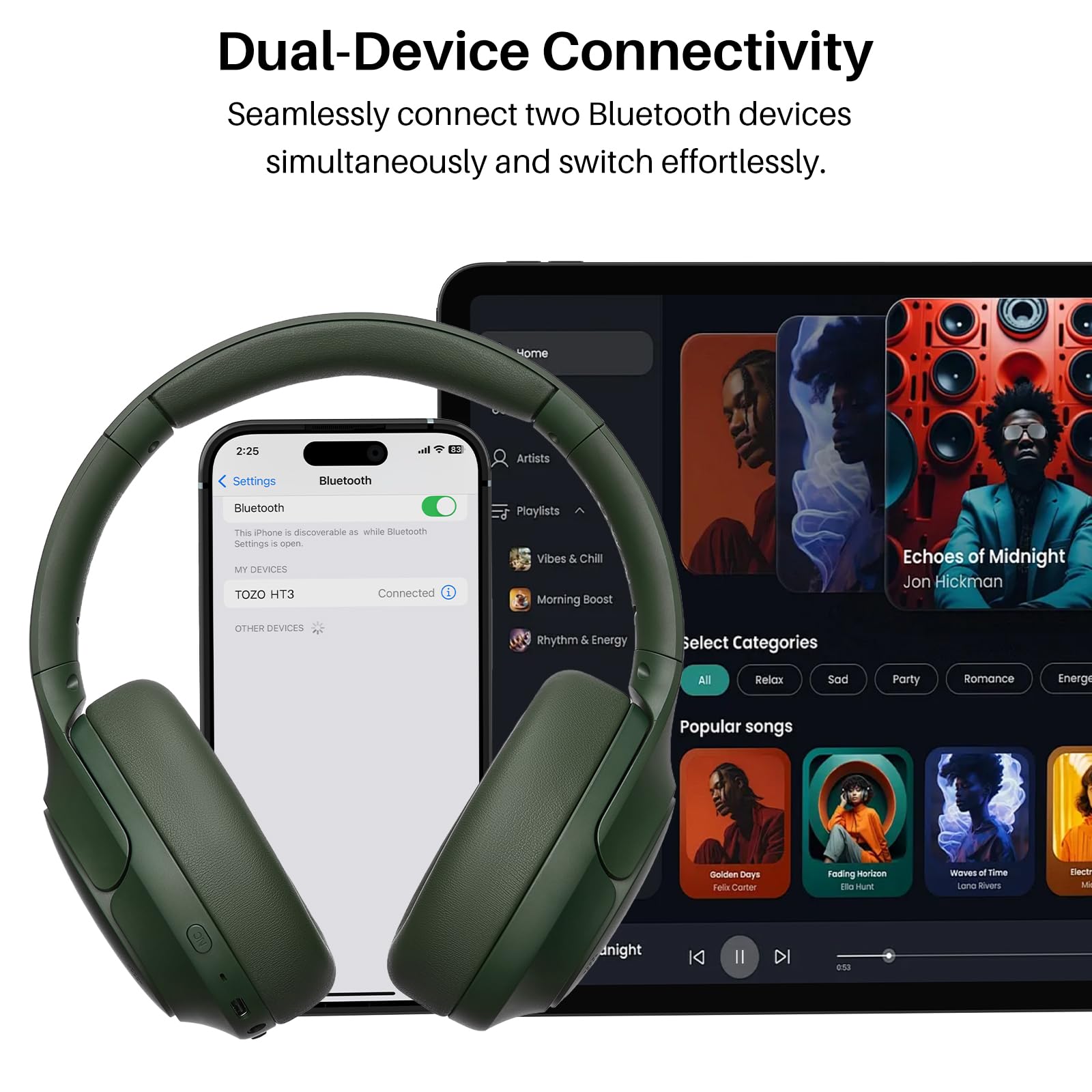 TOZO HT3 Hybrid Noise Cancelling Wireless Headphones, 90H Over Ear Headset view 8