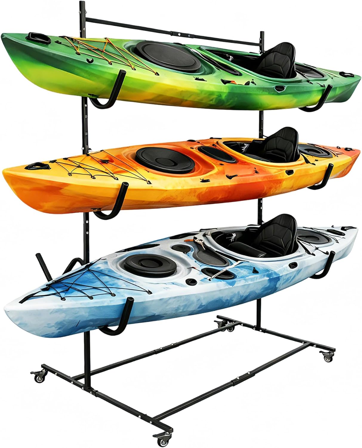 KUAFU Freestanding Kayak Storage Rack Stand for 4 Kayak, SUP, Canoe, Paddle Board, Boat, Surfboard for Indoor, Outdoor, Garage, Shed, Dock, Adjustable Height, w/Lockable Wheels Steel