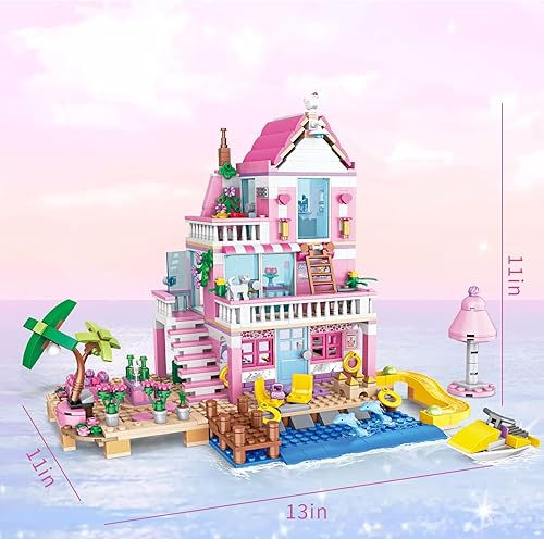 Miniatura 9 de Pink Girls Seaside Beach Villa Friends - Juego de construcción compatible con amigos, juguete educativo de construcción para niños de 6 a 12 años en