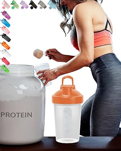 Miniatura 1 de Botella agitadora transparente con tapa naranja oscuro, gancho de bucle clásico, marcas de escala de 12 onzas13.5 fl oz, una pequeña licuadora de