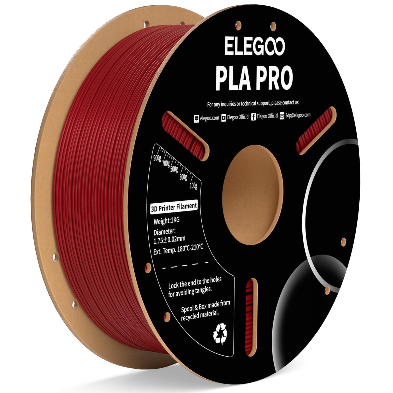 ELEGOO PLA PRO Filament 1.75mm Burgundy Red 1KG, 30-250mm/s Printing Speed Improved Rigidity 3D Printer Filament Dimensional Accuracy +/- 0.02mm, 1kg Spool (2.2lbs)