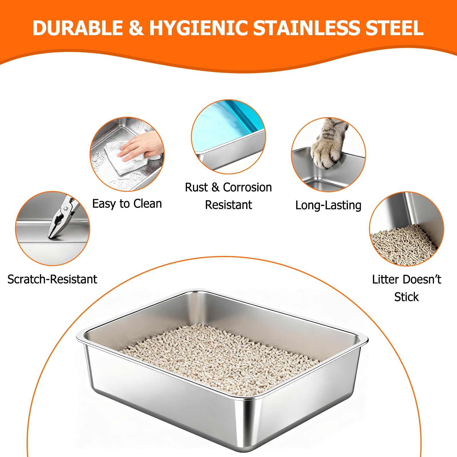 Arenero para Gatos de Acero Inoxidable, XL Caja de Arena Gato Cerrada con Tapa, Doble Entrada y Alfombrilla Antiderrames, Bandeja Antifugas para Gato Grande y Multiuso Cat Litter Box