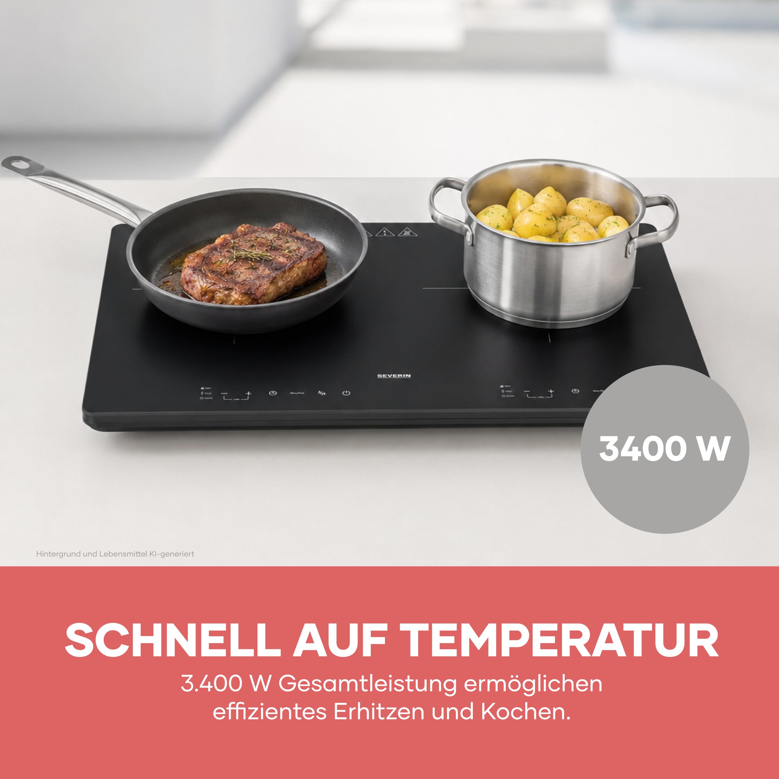 Severin Doppel-Induktionskochplatte 2 Platten, kratzfeste Glaskeramik-Kochfelder, matt, 10 Leistungsstufen, Touch-Display, Timerfunktion, automatische Abschaltung, 3.400W, schwarz, Glas, DK 1033