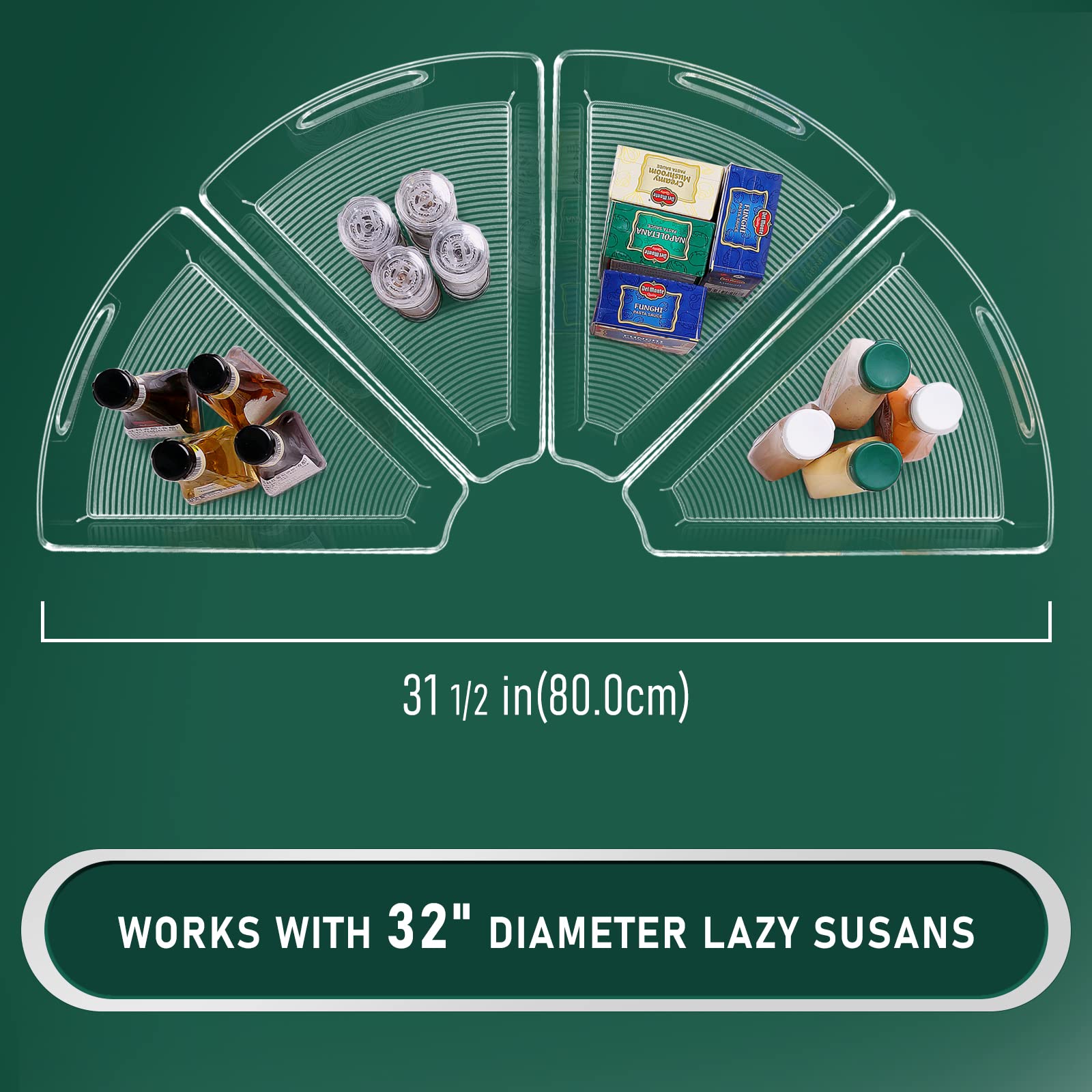 JEISSLIA Lazy Susan Cabinet Organizer Bins for 26"/ 28"/ 32" Diameter Corner Lazy Susan, Plastic Cabinet Storage Bin, 1/8 Wedge-Food Safe, BPA Free, with Non-Slip Pads (for 32" Lazy Susan, 4 Pack)