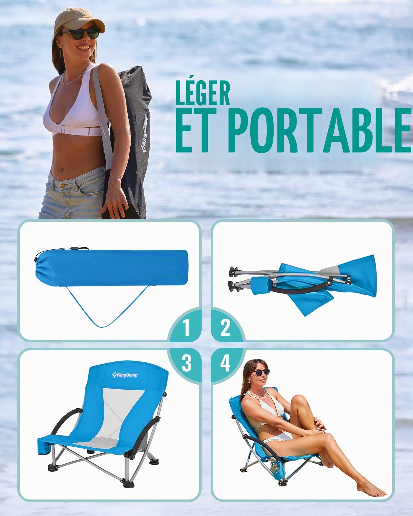 KingCamp Chaise de Plage Basse Pliante Capacité 180kg Stabilité à Double Support Vertical, Siège Extra Large et Dossier en Tissu Respirant, Siège Portable pour Camping, Pique-Nique, Festival Bleu