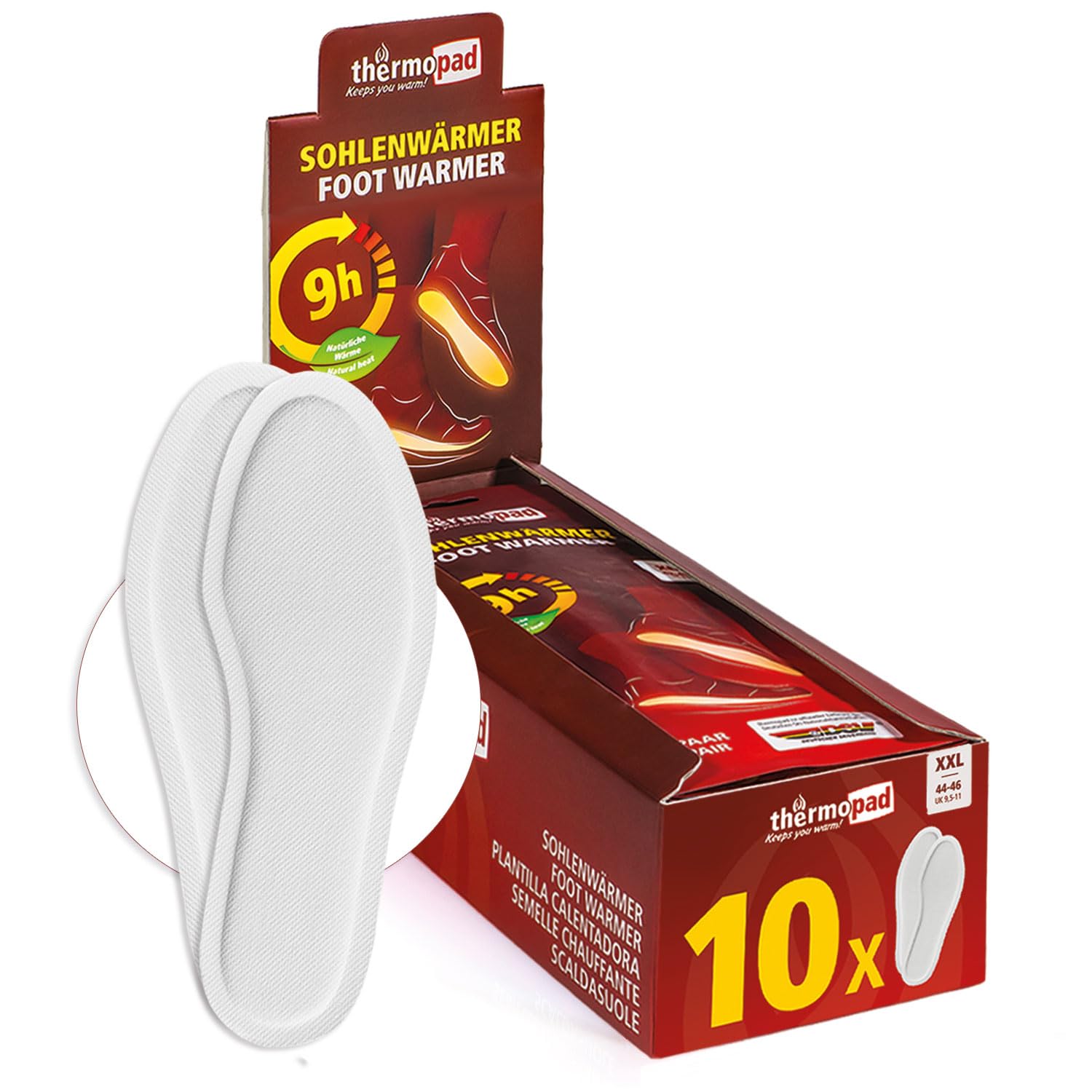 THERMOPAD Sohlenwärmer - DAS ORIGINAL: 5, 10 oder 30 Paar Wärmepads (erhältlich in 5 Größen) - Einlegesohle für 9 Stunden Wärme I Fußwärmer Pads I Extra warme Wärmesohle XXL für Schuhe & Skischuhe