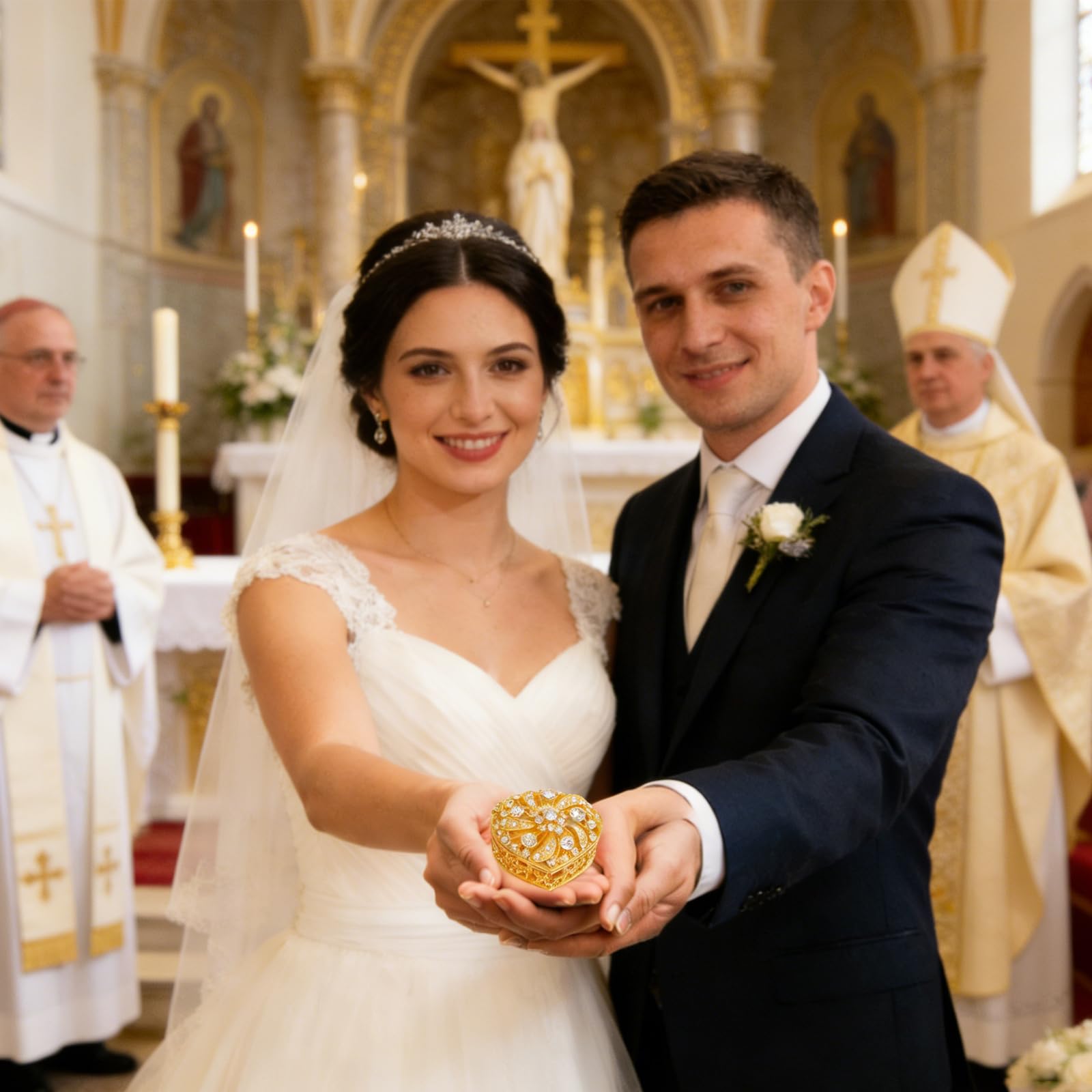 Juego de Monedas de Arras para Boda - Arras Para Boda Católica, Arras De Boda Cristiana, Caja Dorada en Forma de Corazón con 13 Monedas de la Virgen de Guadalupe, Accesorios de Boda para