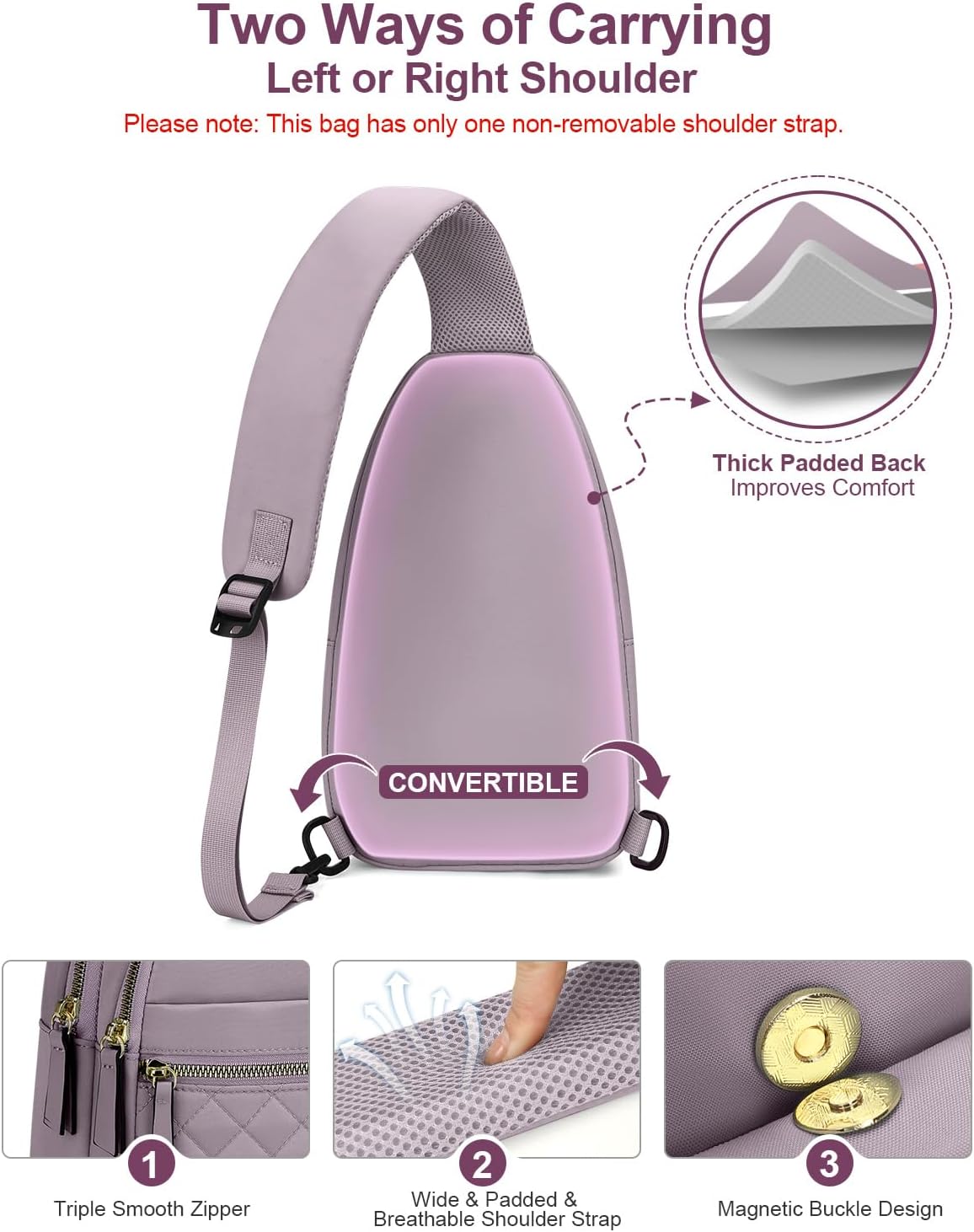 Capolo Sling Bag for Women Men Waterproof Crossbody Bags for Women Trendy Casual Fanny Pack with Convertible Shoulder Strap Chest Bag for Travel Hiking(Purple, Medium) - Image 6