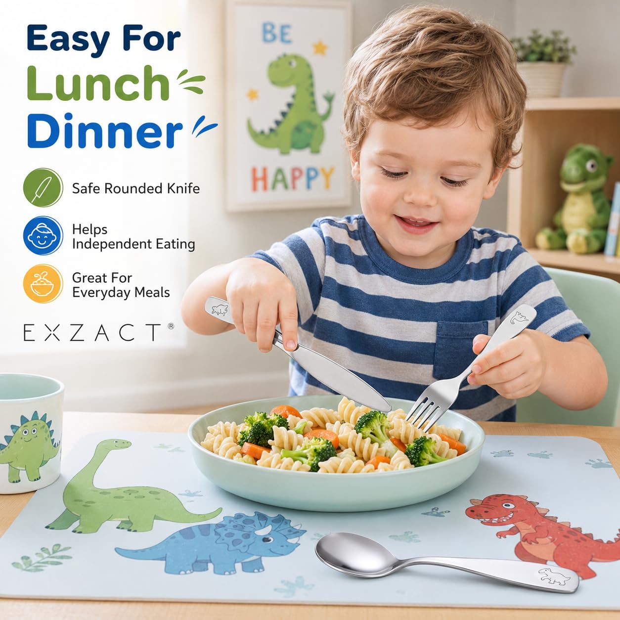 EXZACT Kinderbesteck 12 teiliges aus rostfreiem stahl/spülmaschinengeeignet Gravurbesteck - 4 x Gabeln, 4 x Sicherheitsmesser, 4 x Esslöffel - Dinosaurier (12 Stk Dinosaurier)