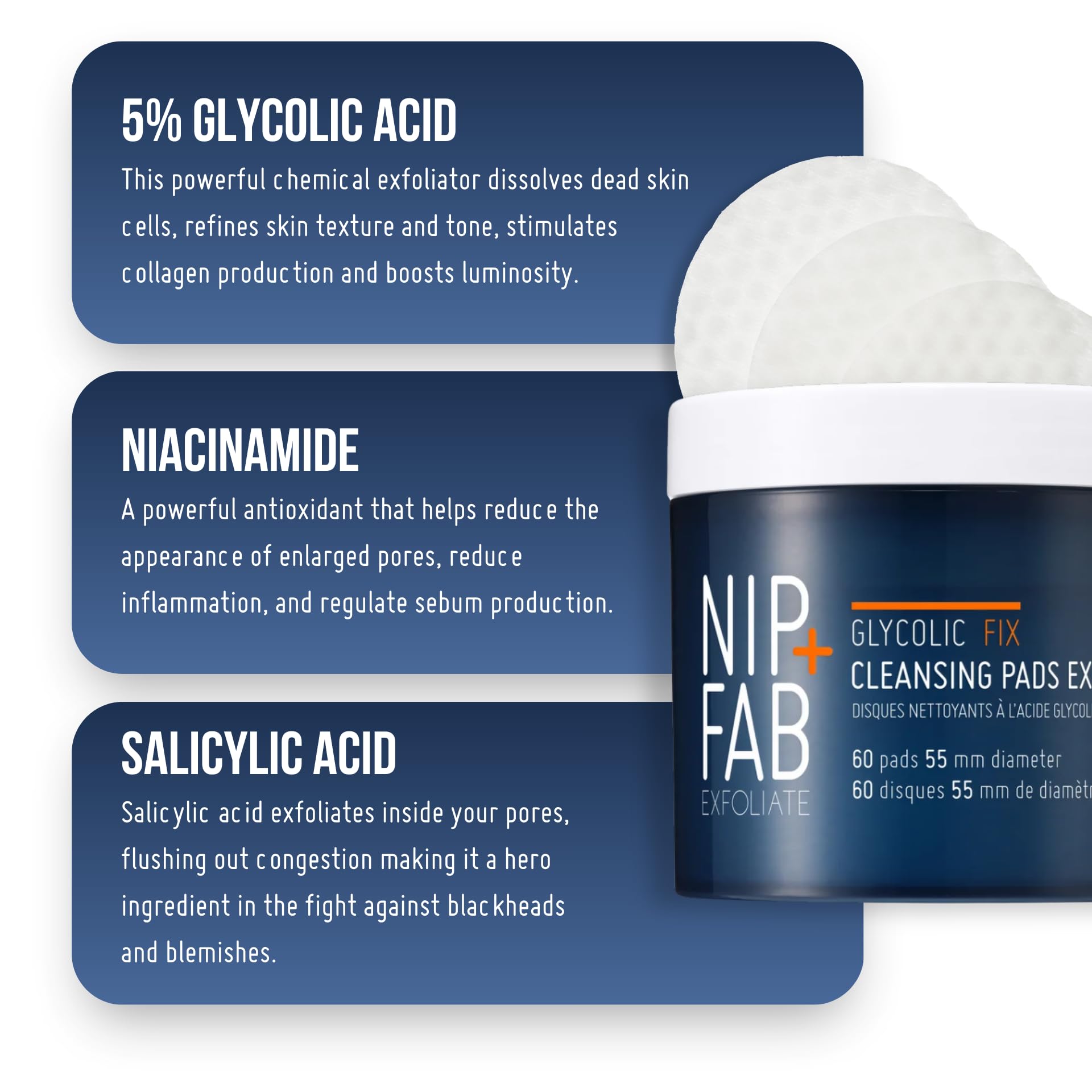 Nip + Fab Glycolic Fix Night Pads Extreme | Złuszczające Płatki z Kwasem Glikolowym na Noc | Peeling Kwasowy | Skoncentrowany Peeling Kwasowy | 60 sztuk