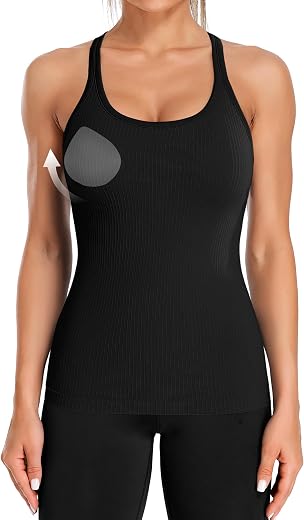 ATTRACO Ribbed Workout Tank Tops for Women with Built in Bra Tight Racerback Scoop Neck Athletic Top