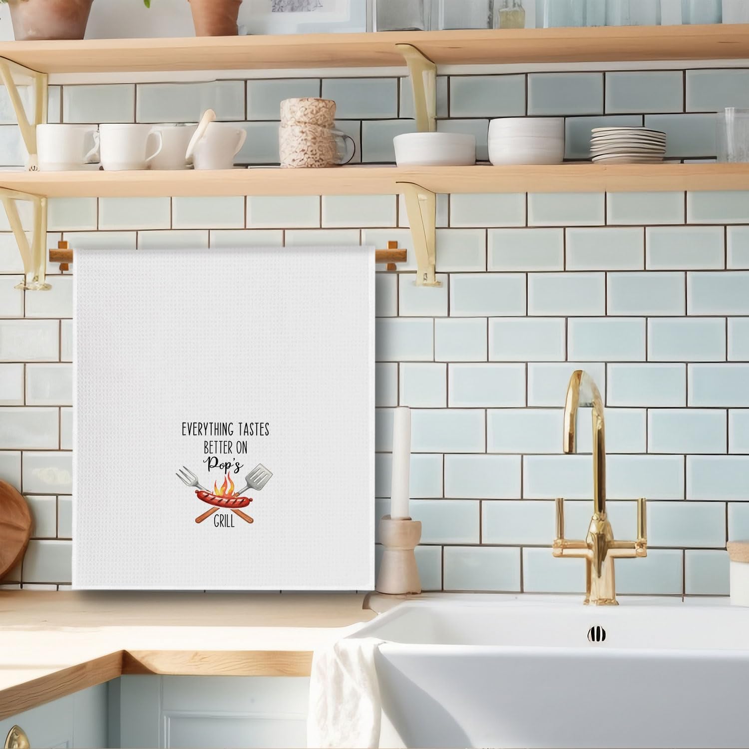 Pop Grandpa Grilling Gifts Kitchen Towels, Grandpa Gifts from Grandkids Dish Tea Towels, Everything Tastes Better on Pop's Grill Decorative Hand Towel for Kitchen, 16x24 Inch - Image 2