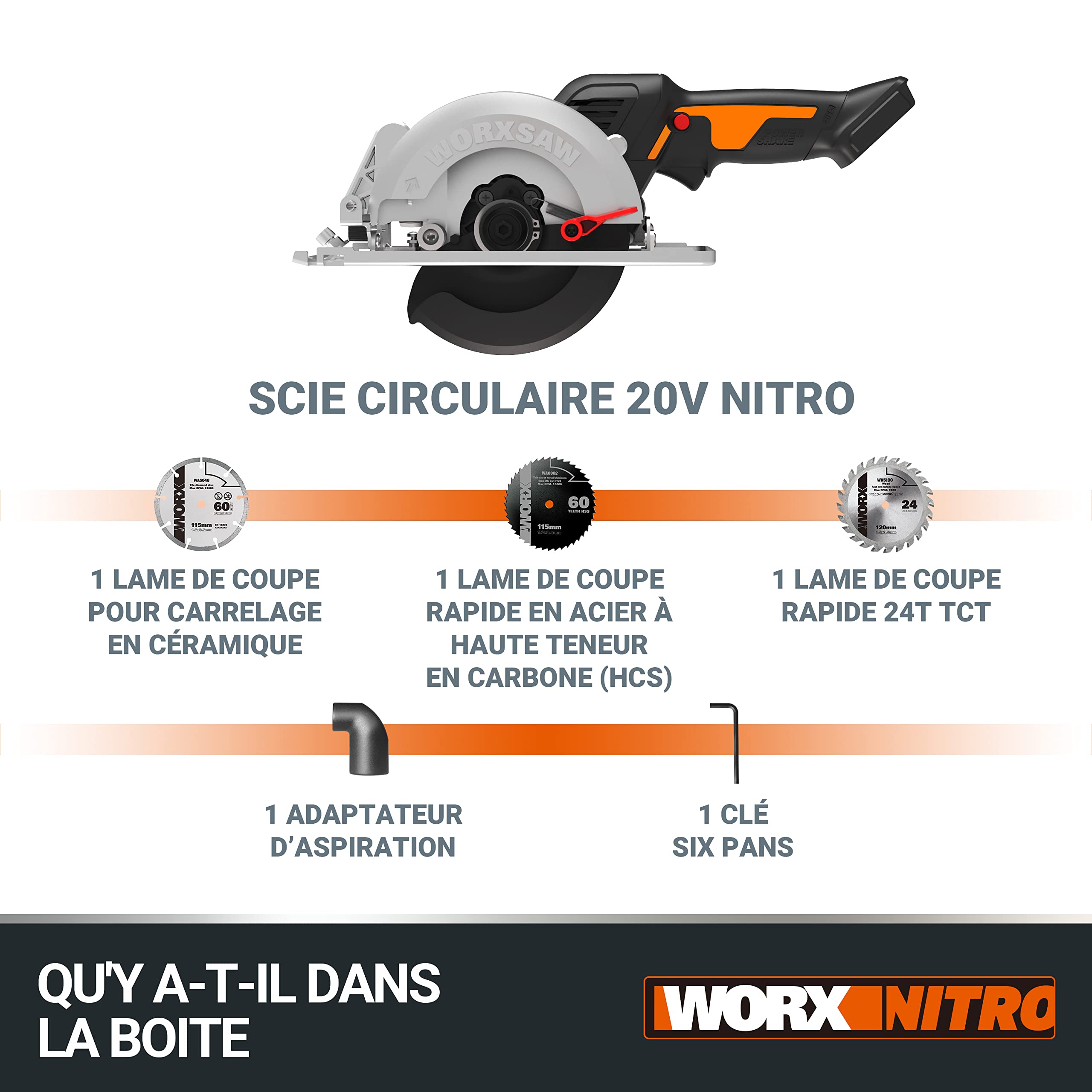 WORX NITRO - Scie Circulaire sans Fil 20V - Moteur Brushless - Scie Multimatériaux - Avec 3 Lames ⌀ 115 mm - Coupe d'onglet 0 – 46° - ⌀ 120 mm - WORX WX531.9 (livrée sans batterie ni chargeur)