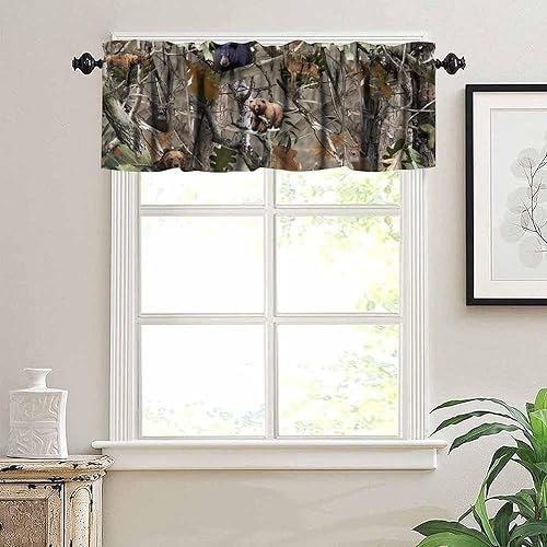 Miniatura 5 de Cortina rústica de cenefa de bosque árbol de caza de camuflaje ciervo alce pájaro oso ventana cenefa para cocina comedor dormitorio comedor
