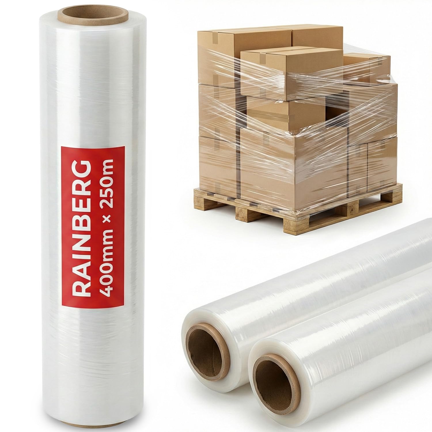 Rainberg Clear Strong Heavy-Duty Stretch Film For Pallet Wrapping, Packaging, And Moving For Furniture, Luggage, And Parcels, Water & Moisture Proof Pallet Stretch Shrink Wrap Rolls 400Mm X 250M (, 2)