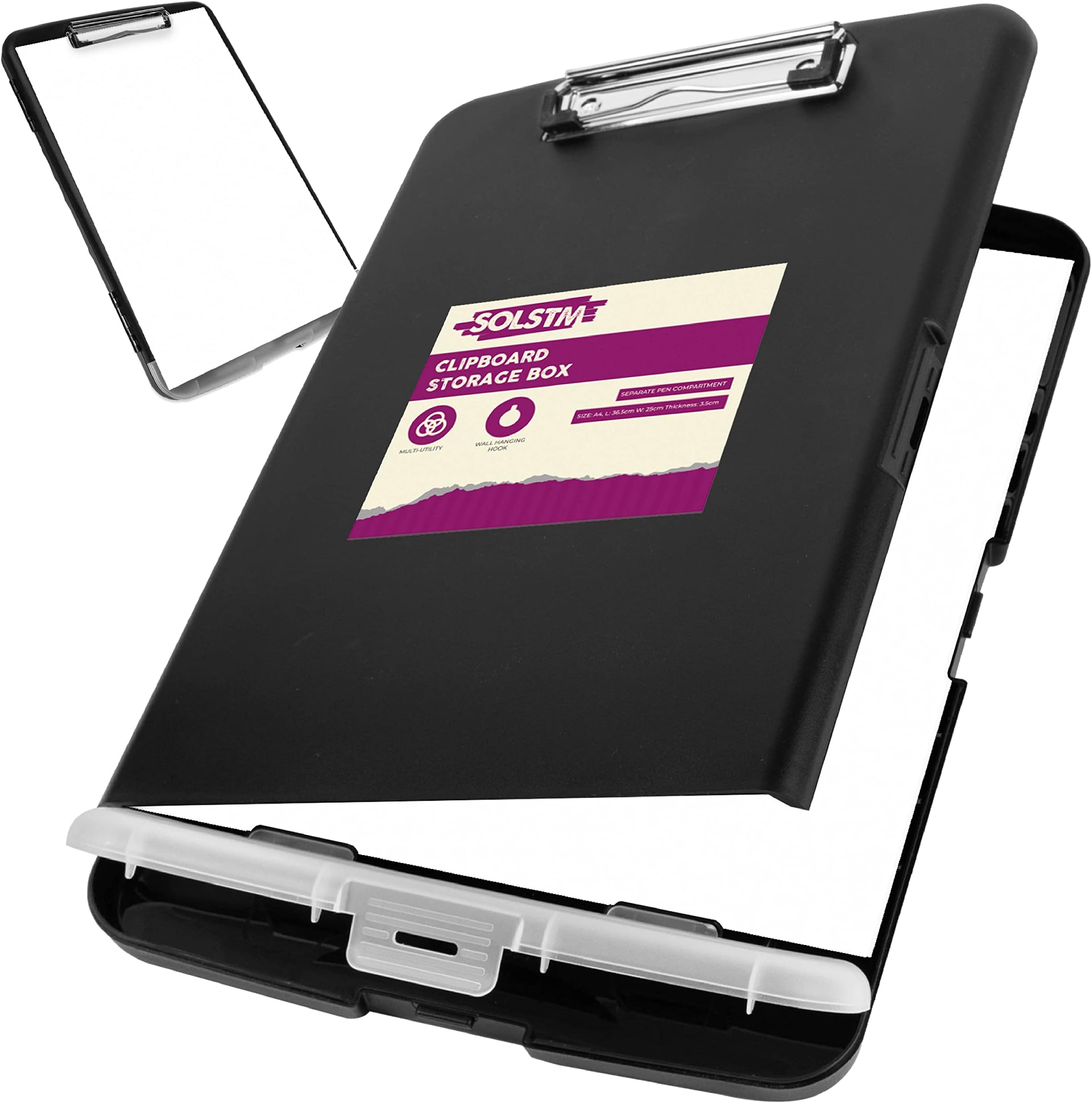 SOLSTM Clipboard with Storage - Plastic, Size A4 Clipboard Folder with Wall Hanging Hole - Lightweight Clipboard Storage Box with Stationery Compartment Ideal for Schools, Nurses, Office (Black, A4)