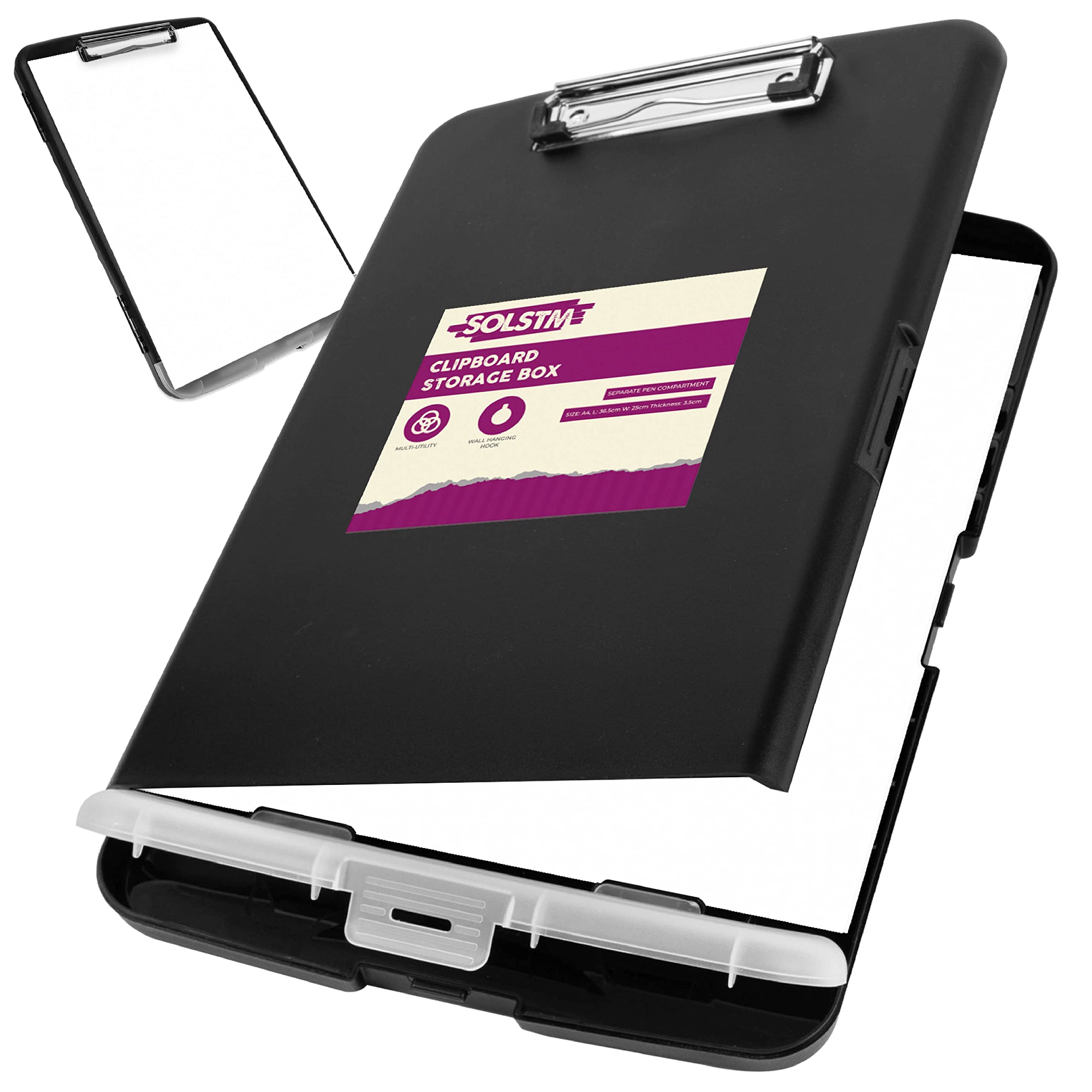 SOLSTM Clipboard with Storage - Plastic, Size A4 Clipboard Folder with Wall Hanging Hole - Lightweight Clipboard Storage Box with Stationery Compartment Ideal for Schools, Nurses, Office (Black, A4)