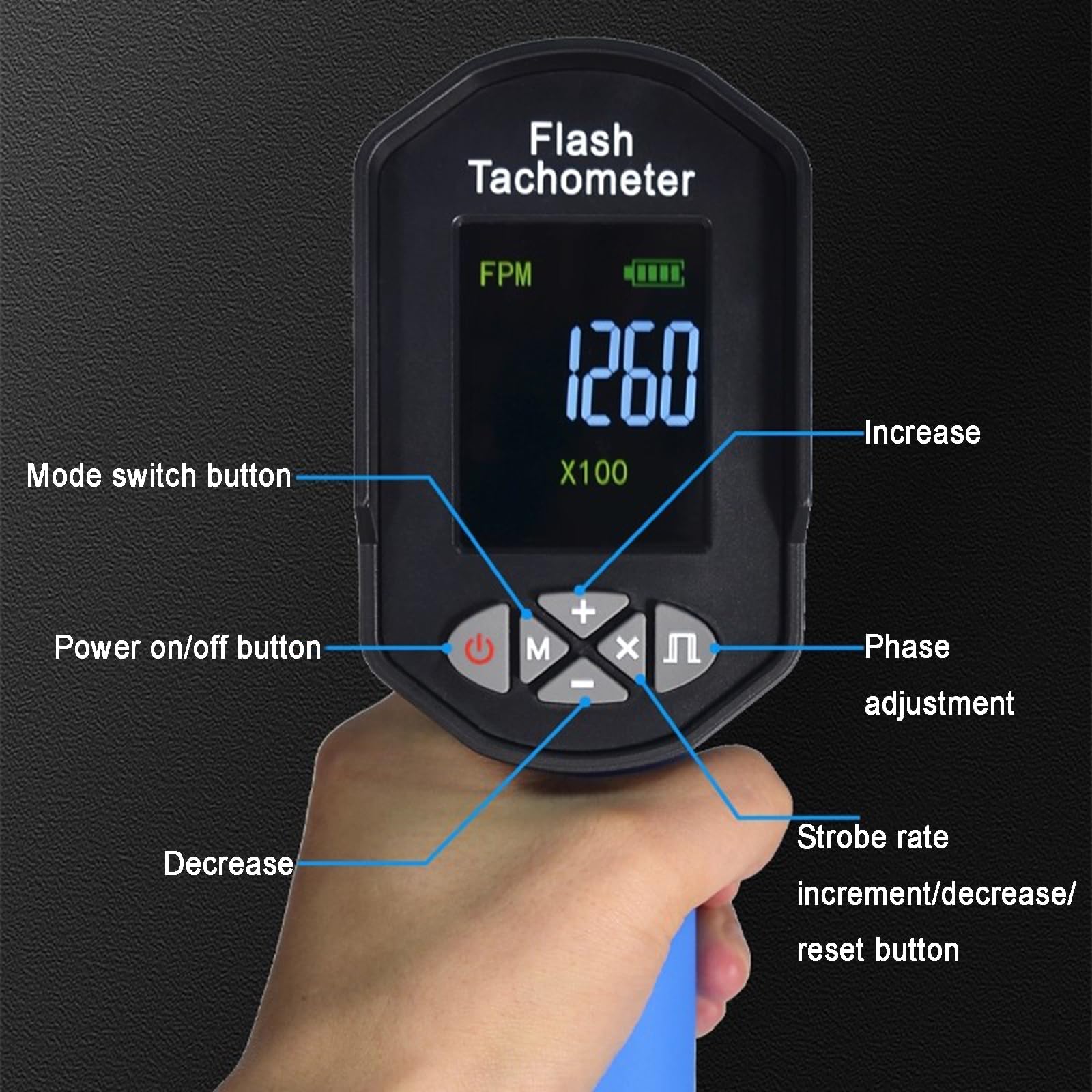 Estroboscopio digital de mano, tacómetro de alta precisión con velocímetro de flash LED, mide 60-99999 RPM para ventilador, motor de motor, neumático
