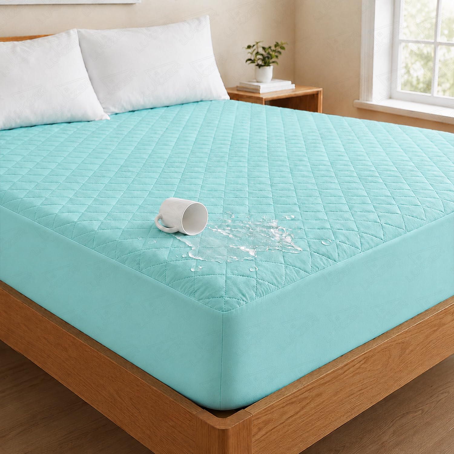lukzer 100% waterproof quilted mattress protector sky blue double bed 72 x 48 inches (6 x 4 ft) cotton-feel bed protector noiseless hypoallergenic breathable elastic fitted mattress cover/bed cover