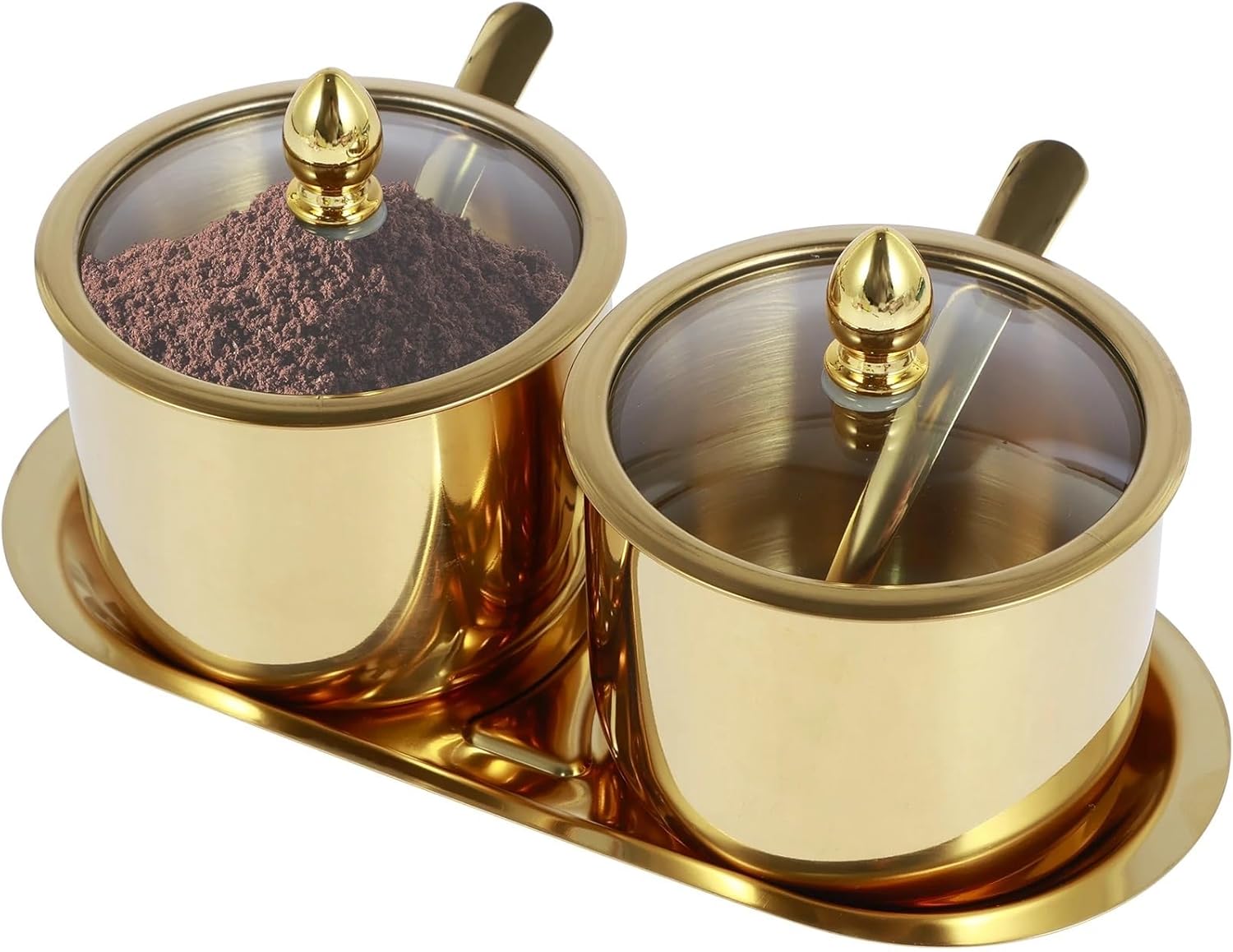 Gold Sugar Bowl 1/2Pcs Stainless Steel Sugar Bowl Set with Glass Lid and Spoon Rustproof Seasoning Box Round Condiment Pots(Gold 2pcs)