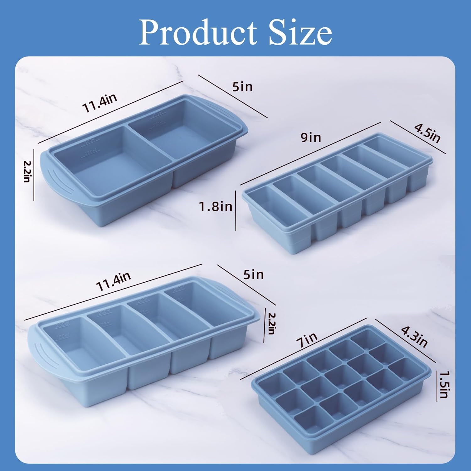 Silicone Freezer Molds Gift Set with 2 Tbsp, 1/2, 1, and 2 Cup Silicone Freezer Trays With Lids - Meal Prep and Kitchen Essentials Bundle (Blue 4 Pack)