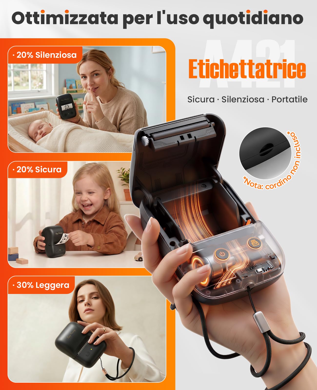 A421 Stampante Etichette Adesive da 40x15 a 50x80 mm, App Versatile con oltre 2000 Icone e 300 Caratteri, Etichettatrice Portatile Per Casa & Piccole Aziende, Bluetooth Compatibile con iOS & Android