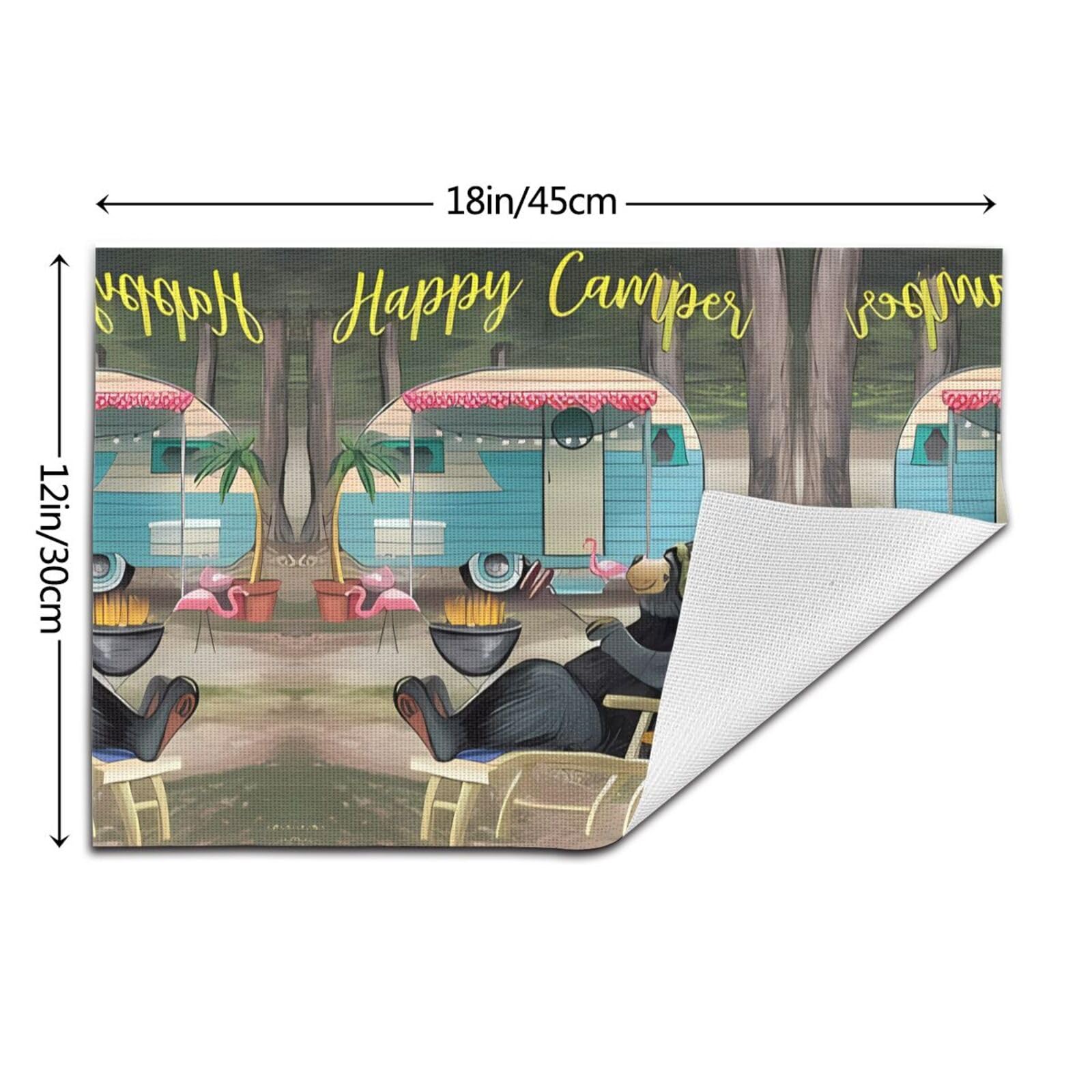 Juego de 6 manteles individuales tejidos con estampado Happy Camper, adecuado para decoración de restaurantes y cocina.