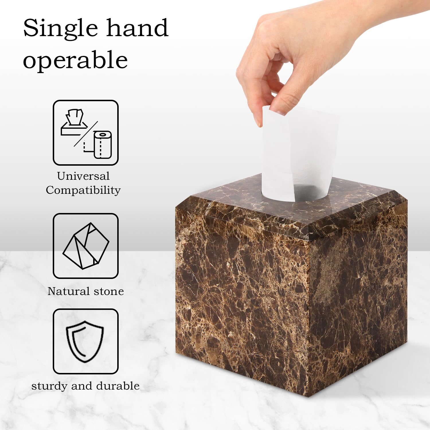 Taschentuchbox Hülle Marmor Natürlicher, Dunkelbraun, 14x14x14cm | Quadratisch, Dekorationshalter, Organizer für Badezimmer Schlafzimmer Küche Büro, Heimdekoration