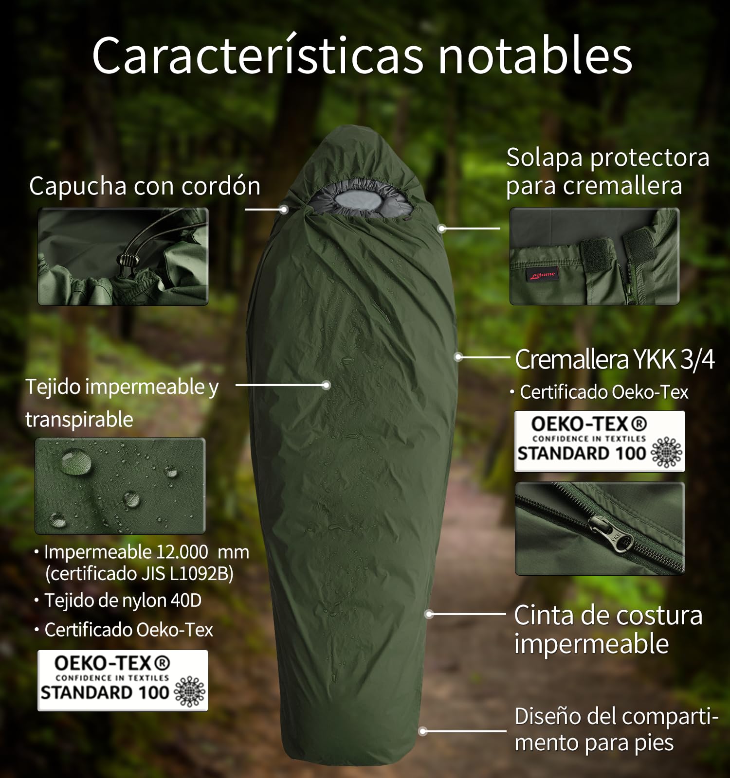 Litume Saco de Vivac Funda para Saco de Dormir – Impermeable, Estilo Momia, Compacto y Ultraligero, Refugio para Trekking, Bushcraft y Supervivencia al Aire Libre